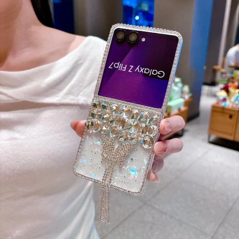 Luxury Rhinestone Butterfly Cute Phone Case For Samsung Galaxy Z Flip 7 6 5 4 Z Flip6 ZFlip7 Cover Korean Hard Cases ZFlip7 Capa