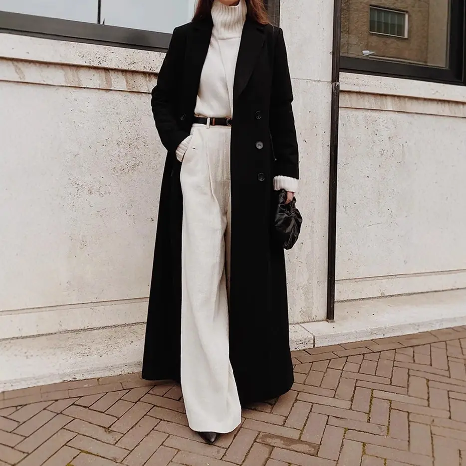 Long Wool Blend Overcoat for Women, Double Breasted Lapel A-Line Solid Color Warm Winter Coat