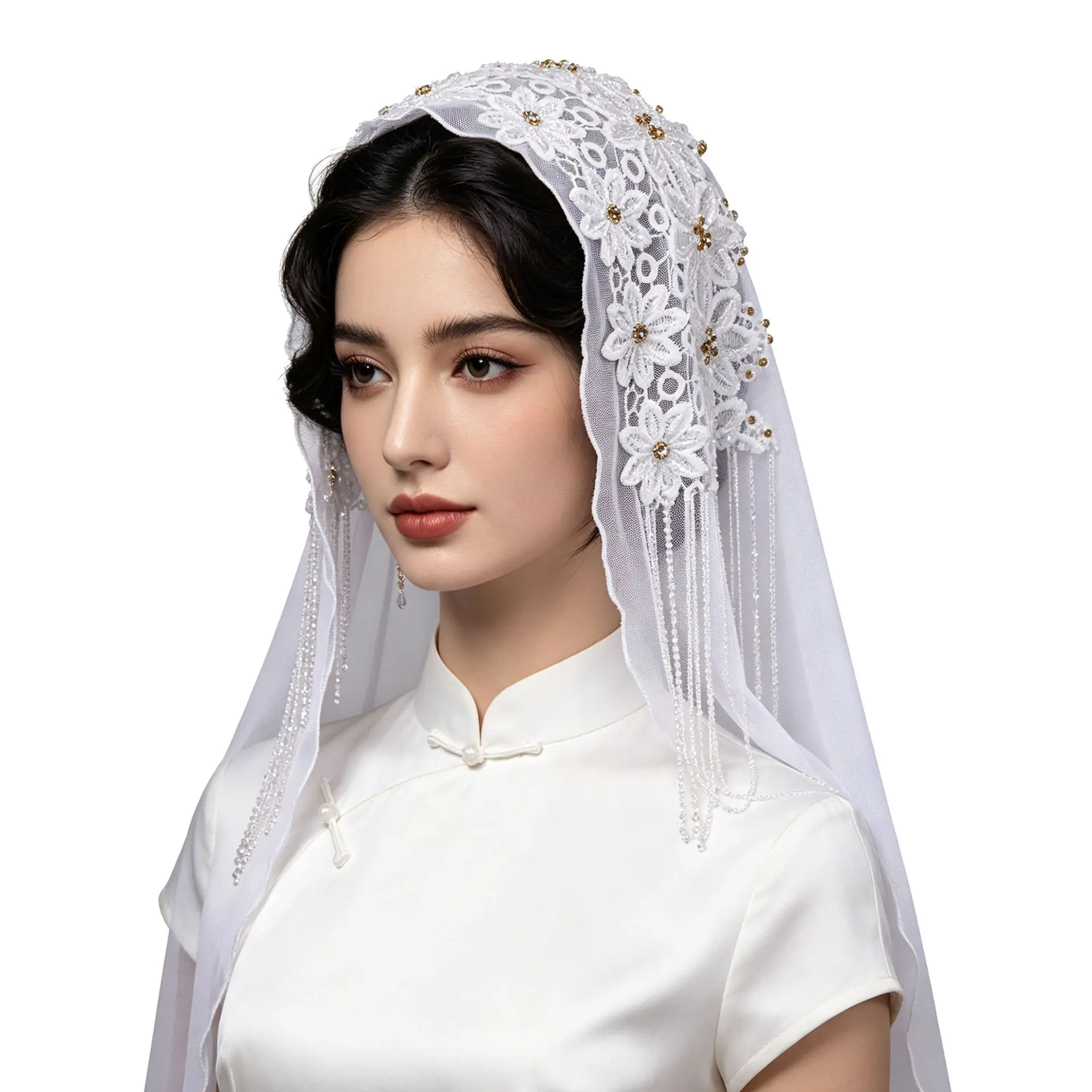 Elegant Sheer White Floral Lace Beaded Veil Mantilla Head Scarf Hanging Beaded Tassel Vintage Bridal Wedding Photo Prop Chapel Veil Headpiece