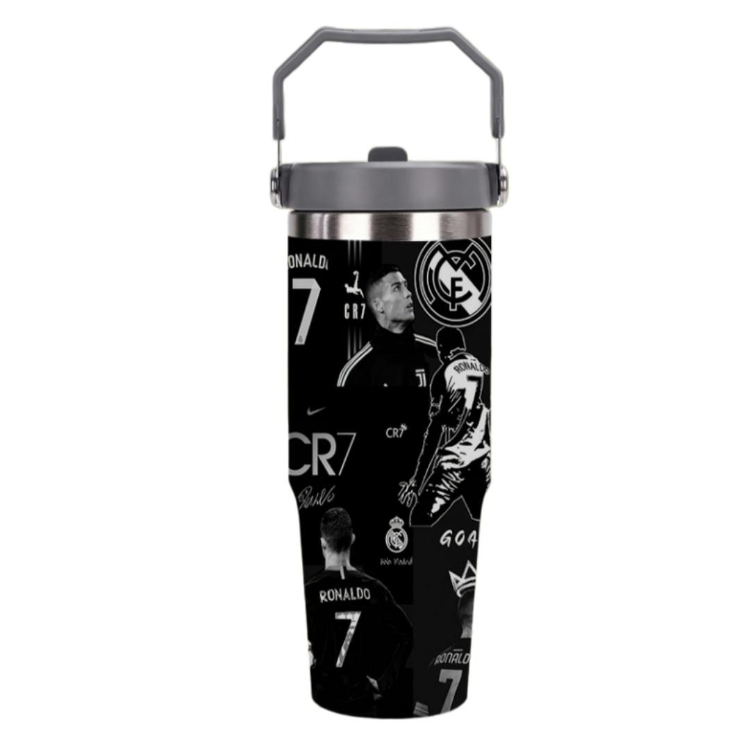 1pc C Ronaldo Print Insulated Travel Mug Tumbler, Long-Lasting Heat and Cold Retention, Stainless Steel Thermal Reusable Cup, Ideal for Fishing, Camping, Office