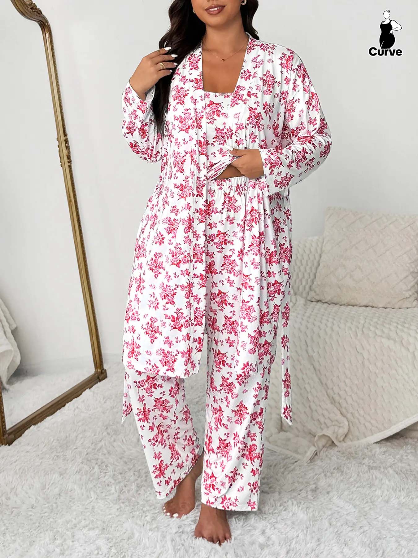 Plus Size Floral Print Robe Set for Women, Elegant Comfortable Sleepwear, Sleeveless Top & Long Pants, Spring & Fall Home Wear, Pajama Set