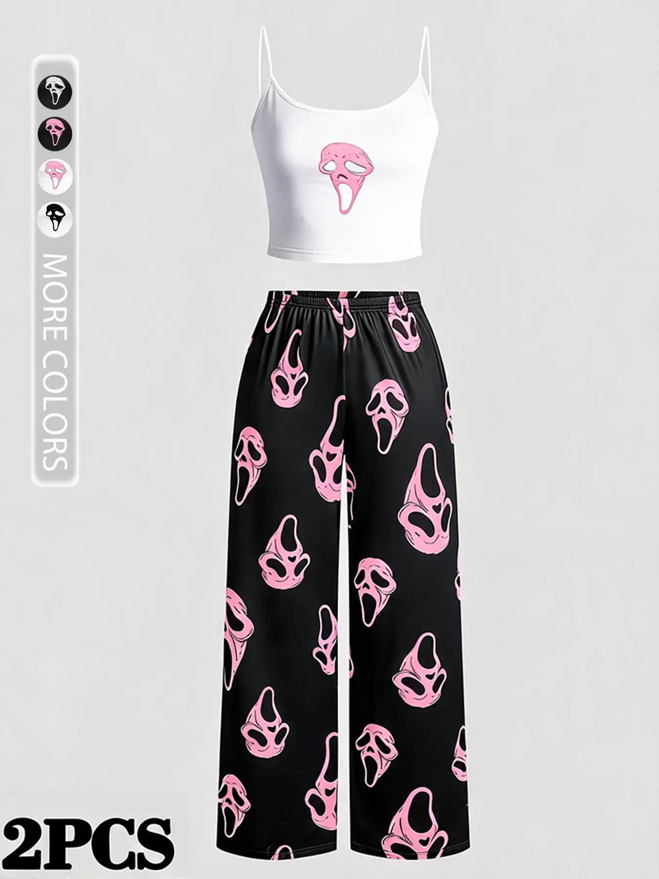 Sweet Cool Ghost Face Print Set, Crop Top with Thin Straps + Wide Leg Pants, Multi-Color, Casual Two-Piece for Girls, Clothes
