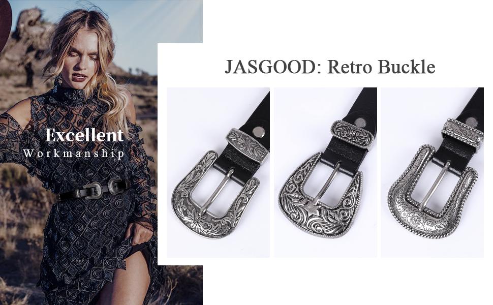 JASGOOD Women Leather Belts Ladies Vintage Western Design Black Waist Belt for Pants Dresses Boho Leaf cowgirl  belt