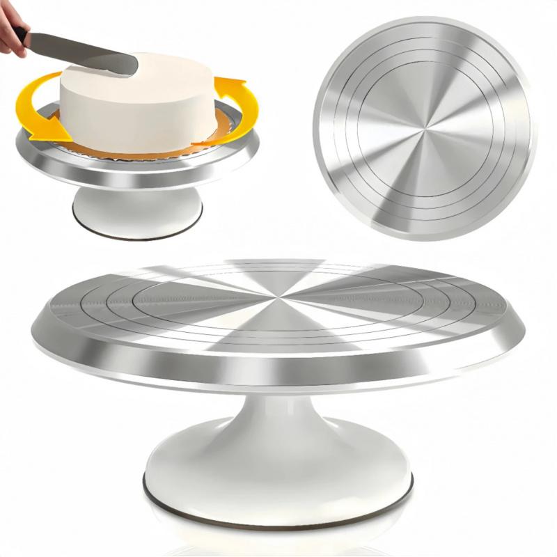 This aluminum cake turntable features 360-degree rotation, a non-slip base, and a heavy-duty smooth rotating stand. Suitable for 4-8 inch cakes, it's ideal for cake decorating, baking, and frosting preparation.