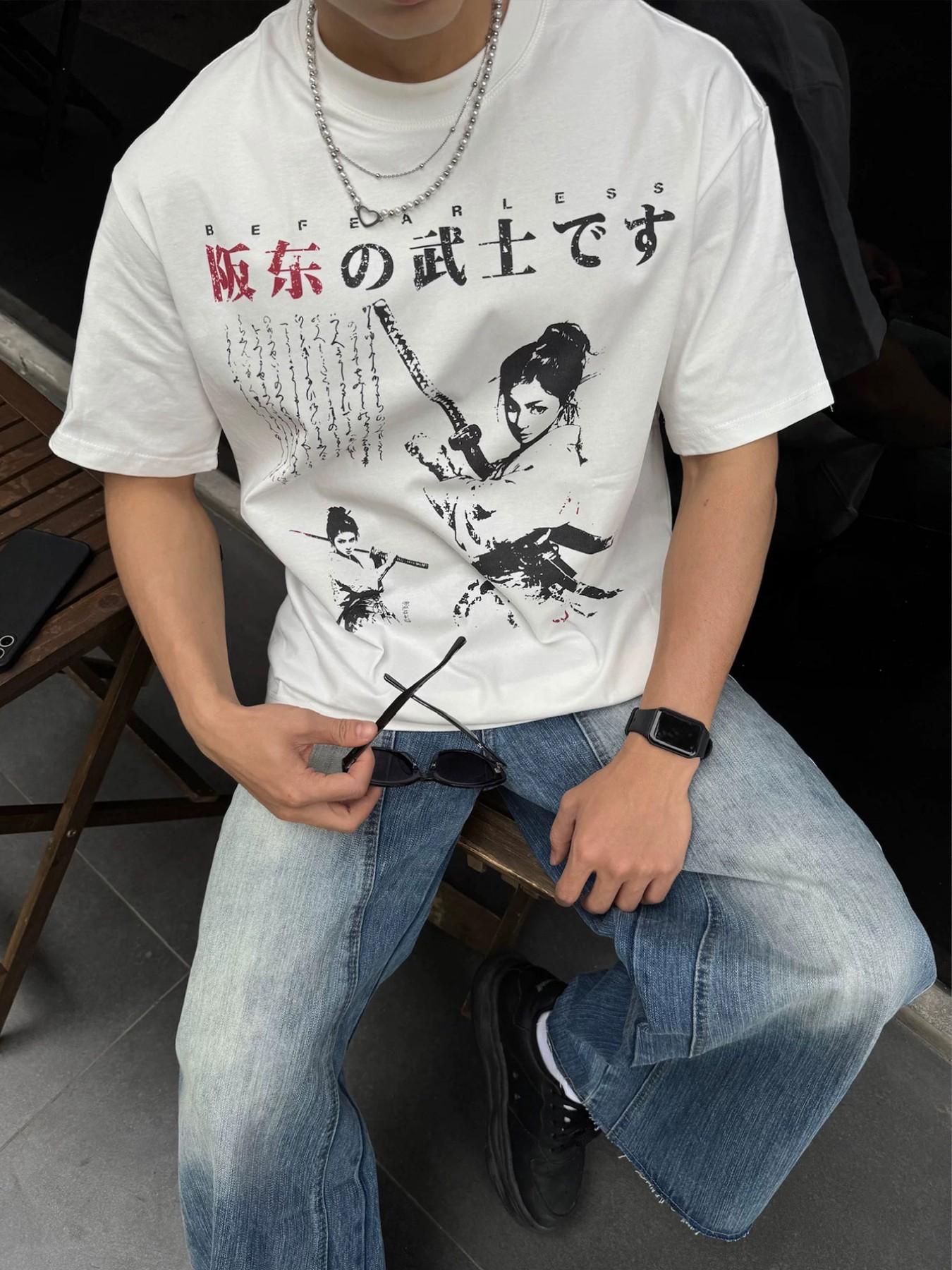 Japanese Style Women's Samurai Print T-Shirt, Streetwear Aesthetic Loose Fit, Long Sleeve Top Without Zipper, Perfect for Casual Wear