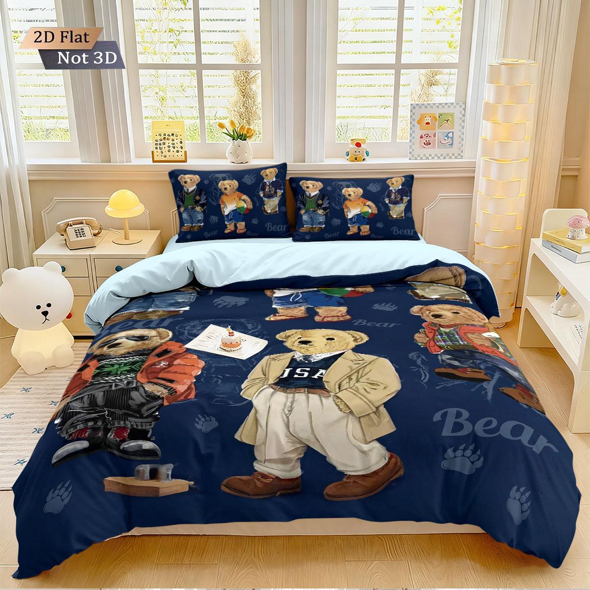 3pcs COOL BEAR Print Soft Bedding Set with Includes 1* Duvet Cover and 2*Pillowcases, No filling，Perfect for Patriotic Bedding Gift, Home Decor, Bedroom Accessories