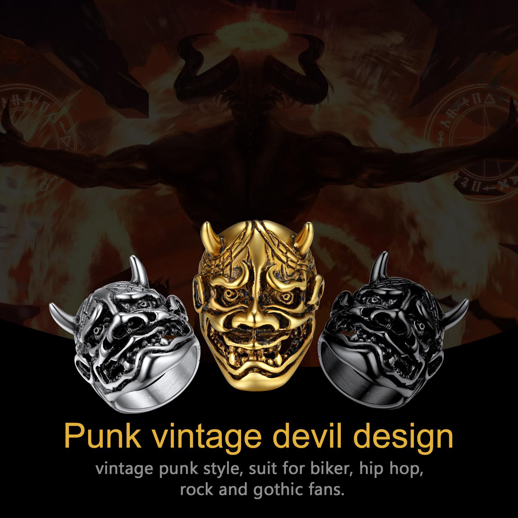 U7 Gothic Hannya Mask Skull Ring Cool Biker Jewelry Men's Cool Signet Ring for Halloween