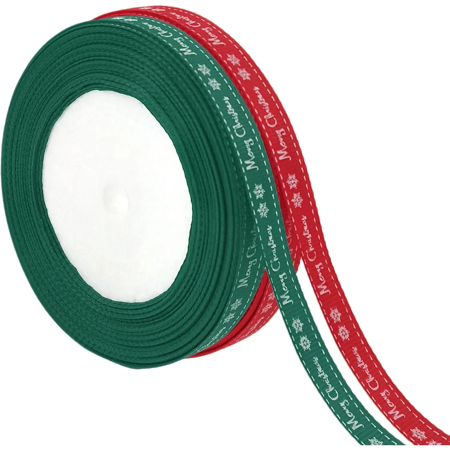 2 Rolls Merry Christmas Ribbons 0.4" Gorgeous Wrapping Rope Cute Holiday Fabric Ribbon with Snowflake Pattern for Wrapping Presents Party Gifts DIY Crafts Package Decor (Red, Green)