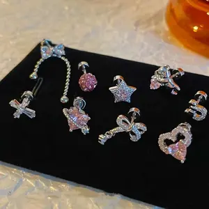 1 Pcs Cute Pink Zircon Bear Cross Love Heart 316L Stainless Steel Ear Bone Nail for Women Small Earrings Jewelry Birthday Gift