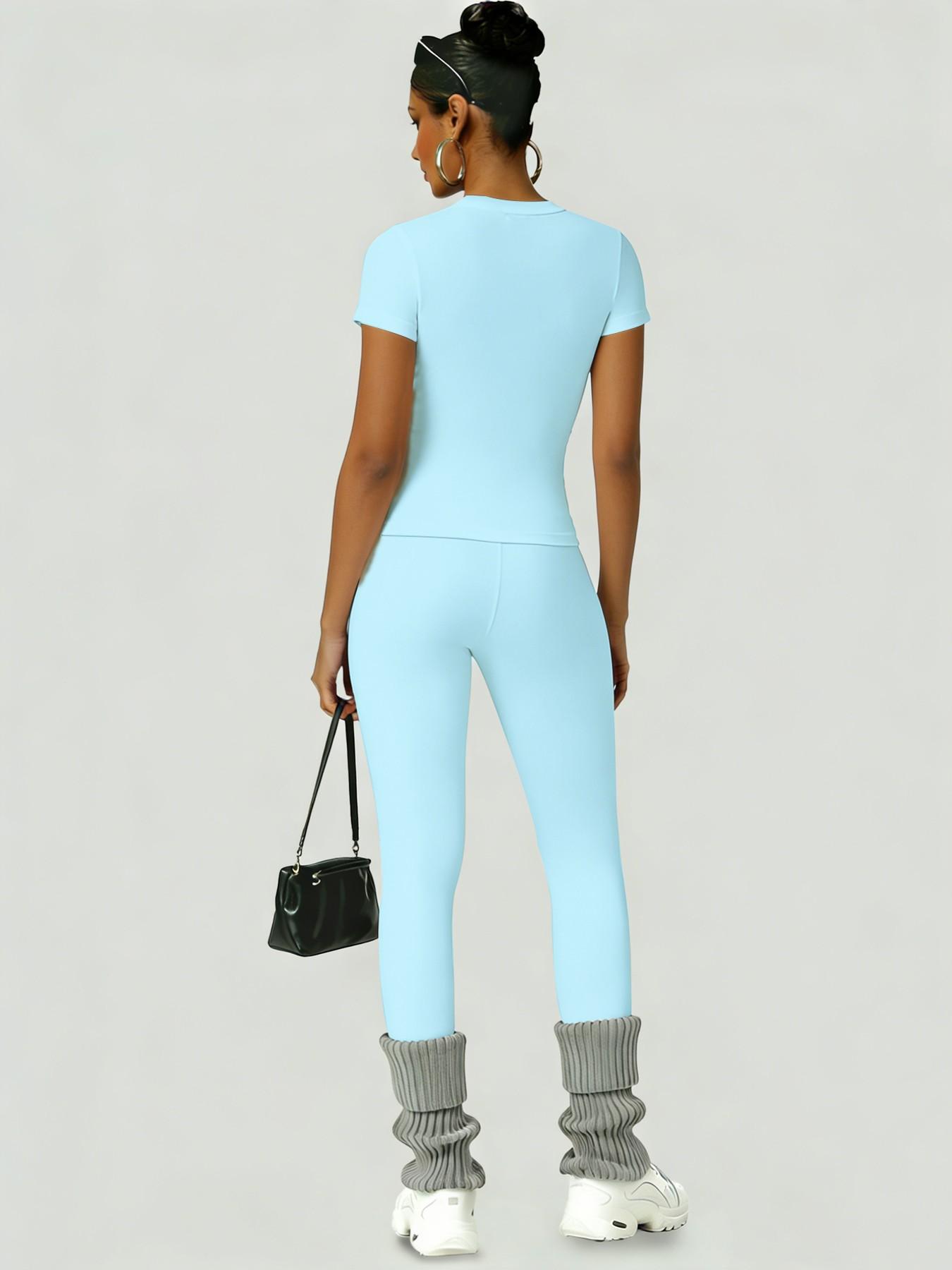 Women's Sportswear Set, Workout Gym Clothing, Training Clothes, Slim-Fit Round Neck Short Sleeves & High-Waisted Yoga Pants, Ideal for Gym Running Outdoor Activities