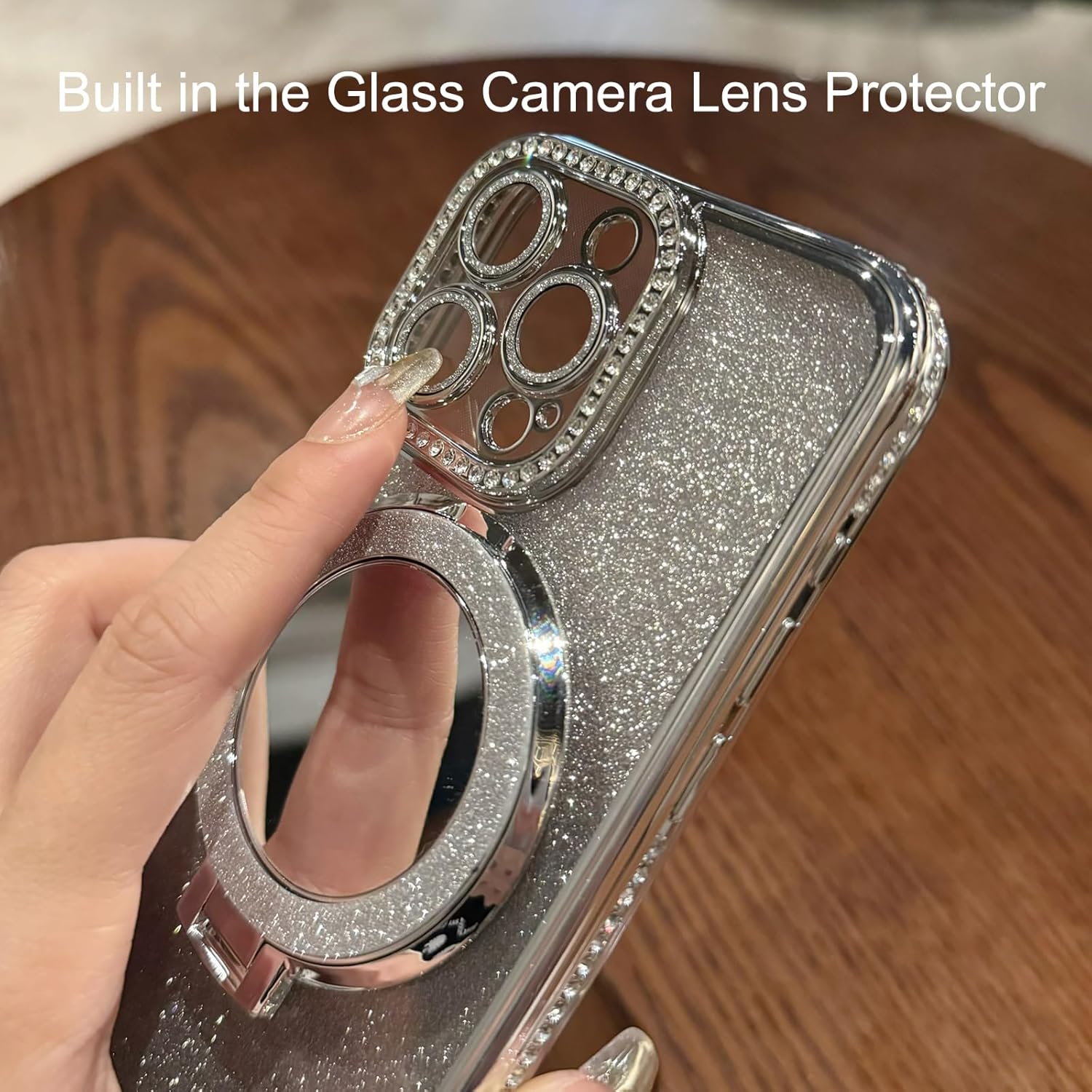 Mirror Kickstand Glitter Diamond Case for iPhone 16 15 14 13 12 11 Pro Max,Magnetic Stand Holder,Camera Lens Protector, Rhinesetone Bing Cover Case