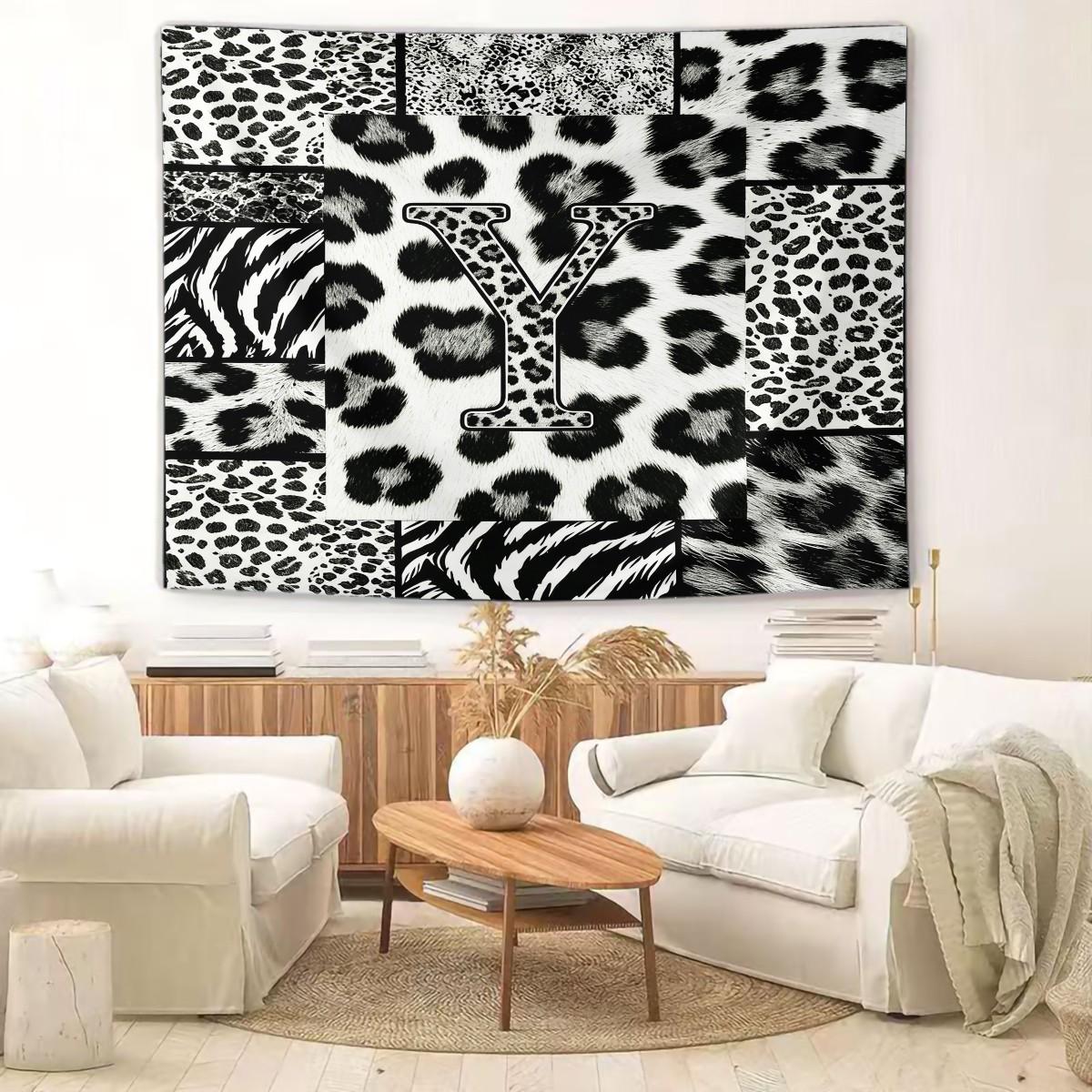 Personalized Initial Wall Tapestry, Retro Leopard Print Patchwork, Easy Care Good Shading, Suitable for Living Room Rental Wall Decor