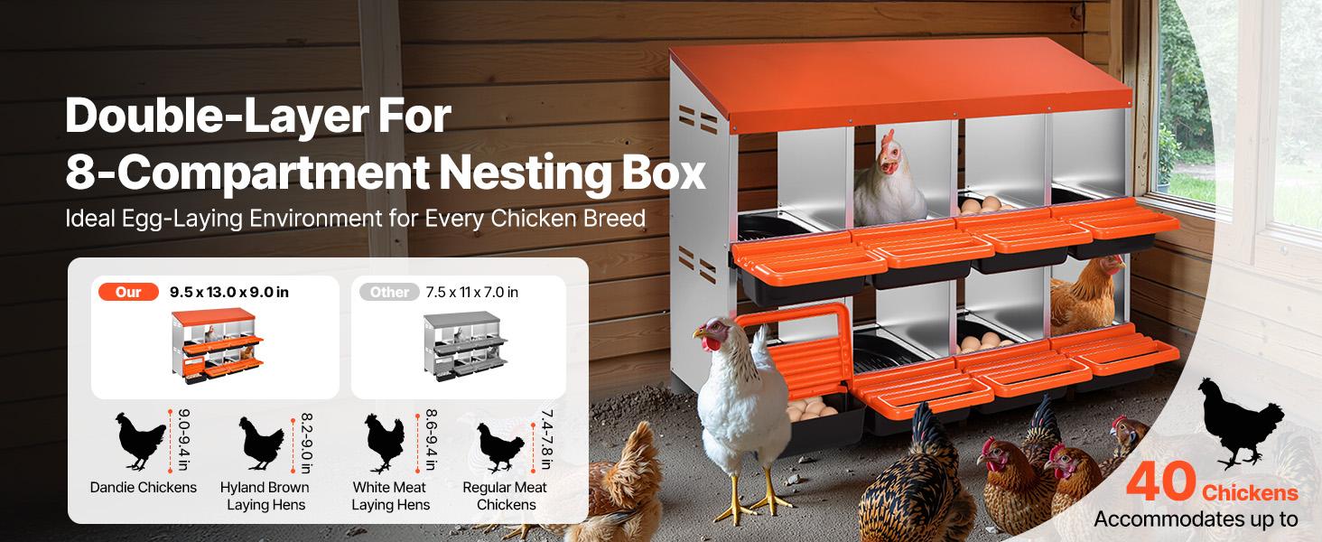 VEVOR 2 Tiers Chicken Nesting Boxes, 8 Compartments, Metal Egg Laying Boxes with Protective Collection Lids, Roll Out Nesting Box, Easy to Assemble, Ideal for Hens, Ducks, Chickens, and Other Poultry