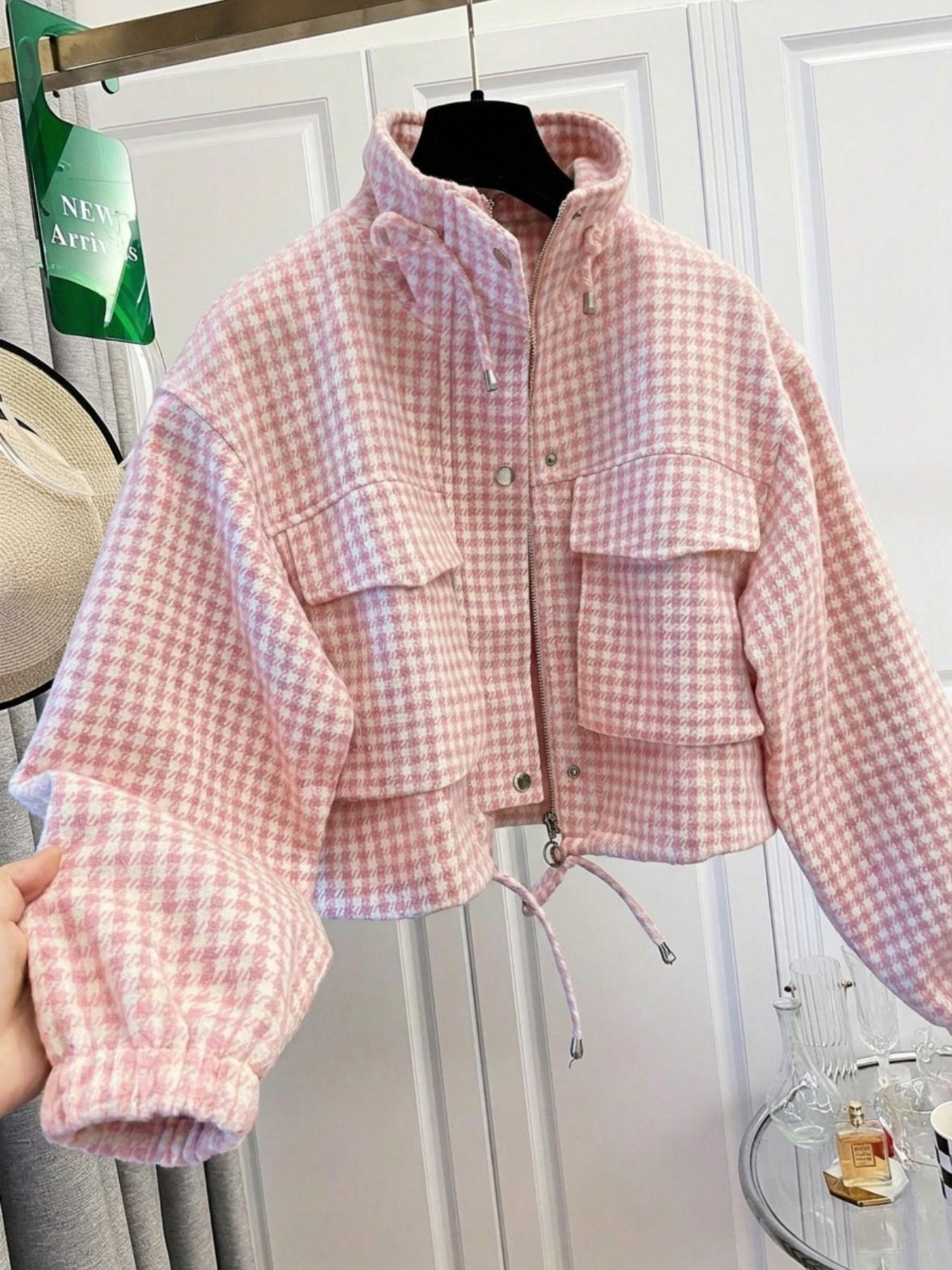 Women's Fashion Retro Plaid Stand Collar Short Coat, Drawstring Design, Zipper Front, Perfect for Fall Winter Daily Holiday Outing Women's Fashion Retro Plaid Stand Collar Short Coat, Drawstring Design, Zipper Front, Perfect for Fall Winter Daily Holiday Outing