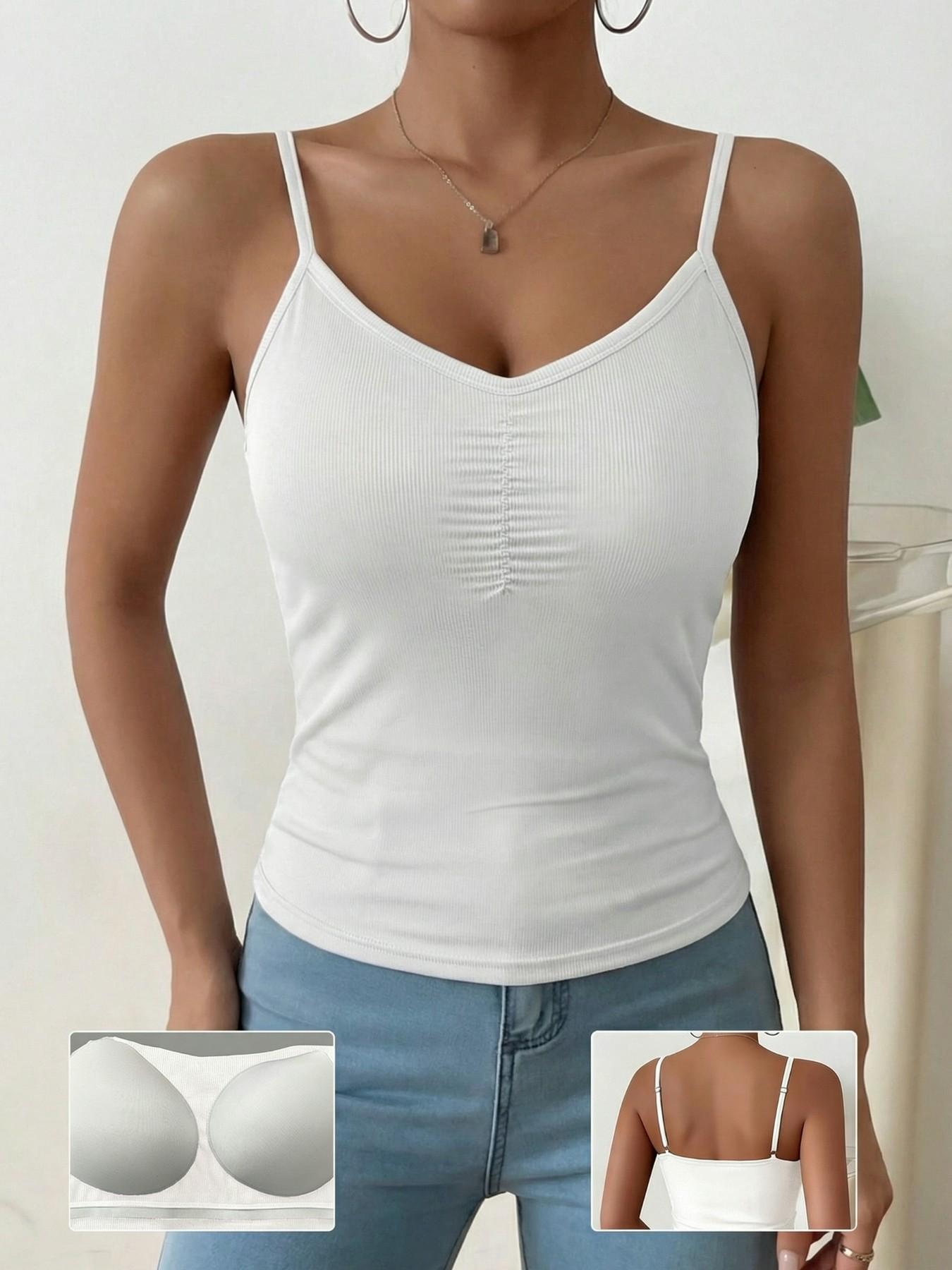 Women's Ribbed Bra Cami Tank Top - V Neck Ruched Front, Padded Adjustable Spaghetti Strap Camisole, Wire-Free All-in-One Undershirt