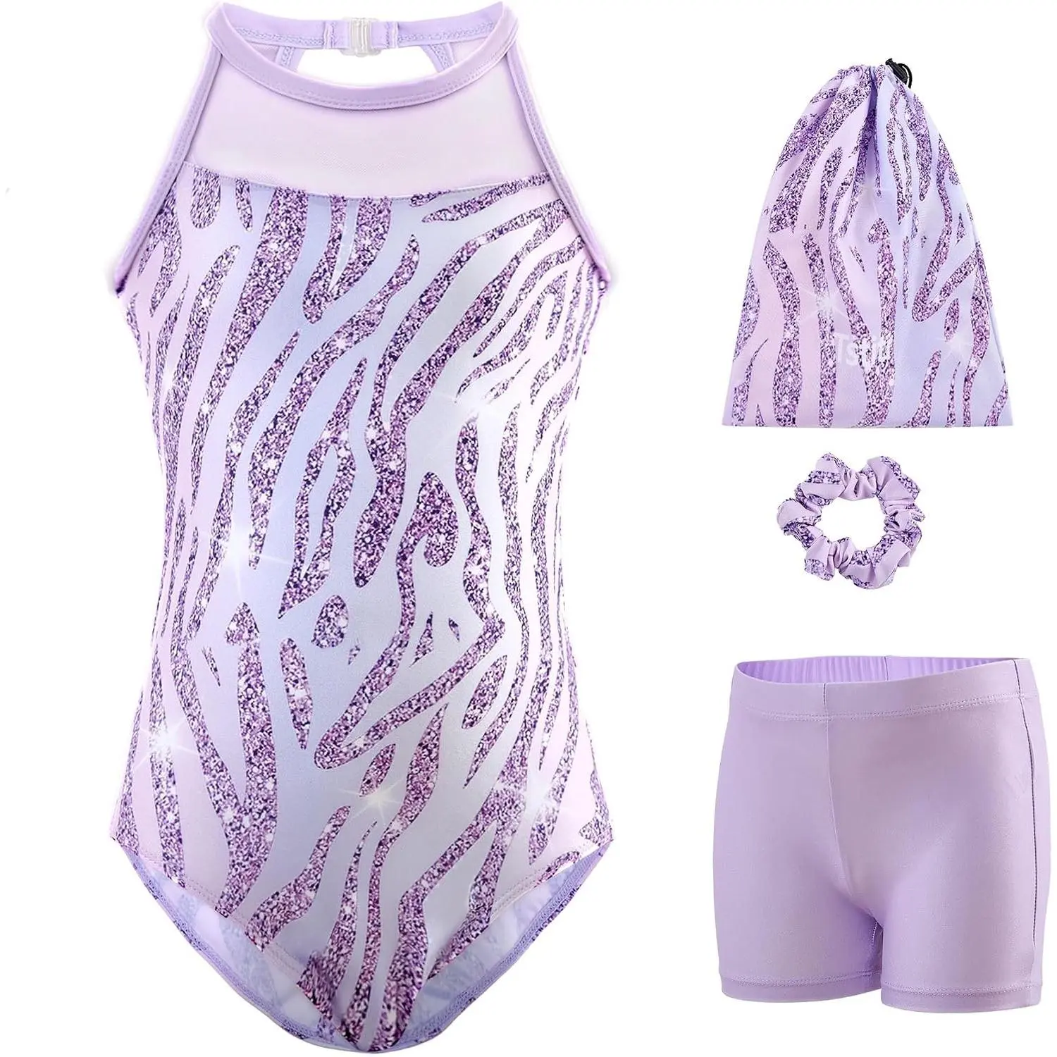 Girls' Gymnastics Leotards with Clasp Back, 4-Piece Set(Gift)