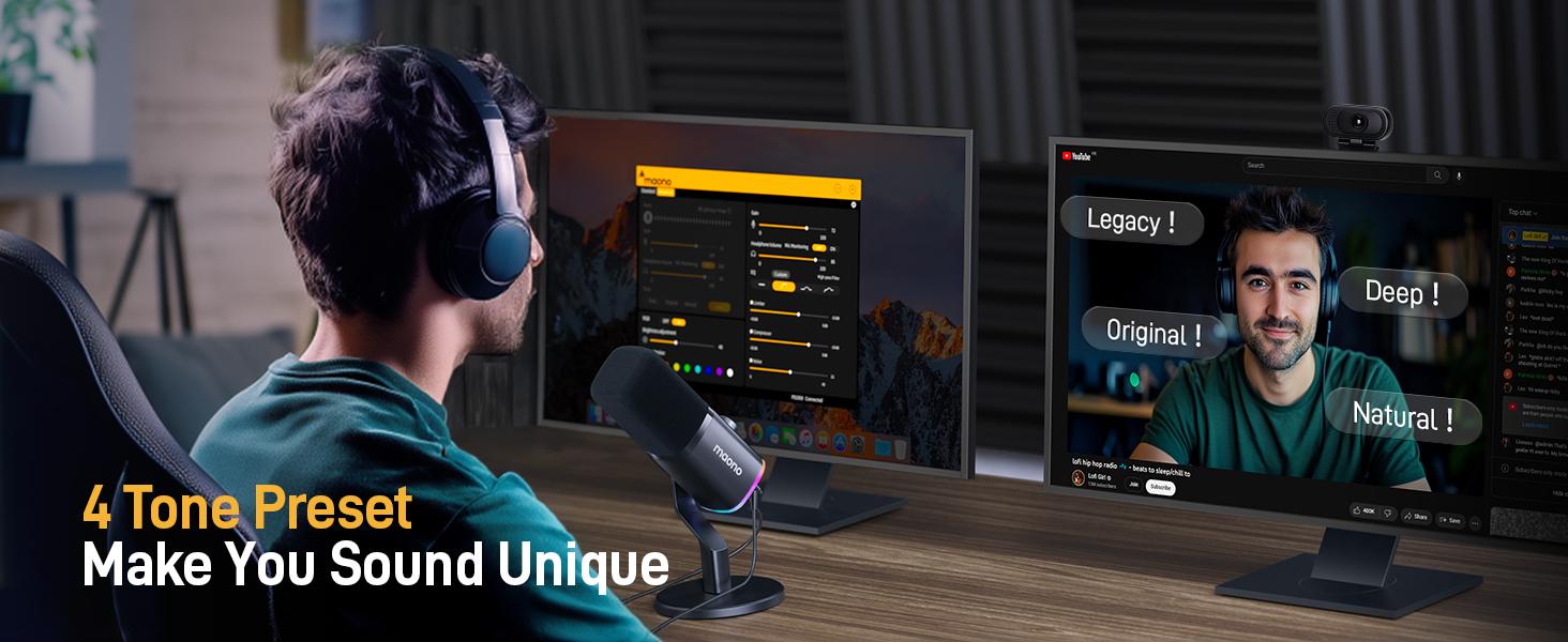 XLR/USB Gaming Microphone for PC, Dynamic Computer Mic for Streaming Podcasting, Noise Reduction, Mute, Volume Control, RGB Boom Mic for Vocal Recording,Voice-Over, PD100XS Black