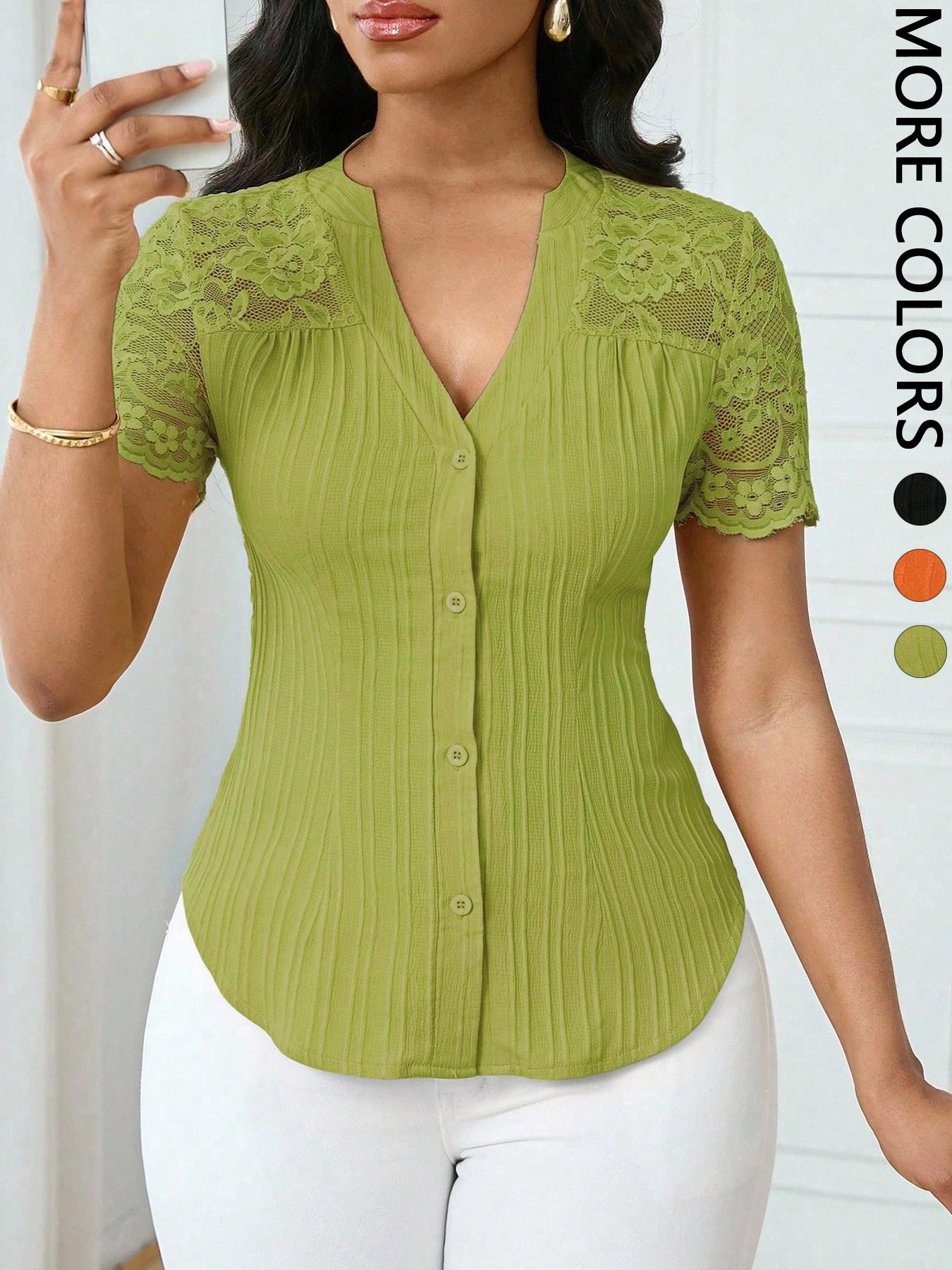 Women's Solid Color Simple Fitted Commuter Casual Shirt Summer Style, Ladies Plain Design Office Wear, Comfortable and Stylish Blouse