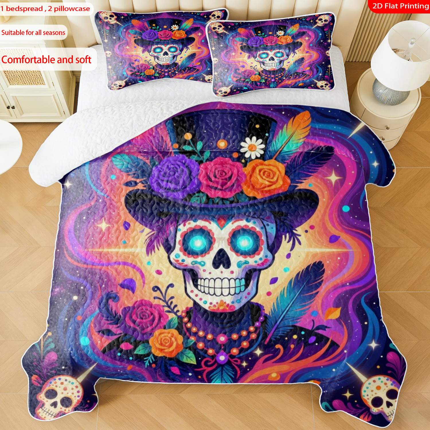 3 pcs, 2D Flat Print Day of the Dead Skull Art Bedspread Set, Soft and Comfortable, Multiple Sizes Available, Suitable for Gifting and Daily Use, Ideal for Creating a Cozy Home Atmosphere(1 bedspread , 2 pillowcases)