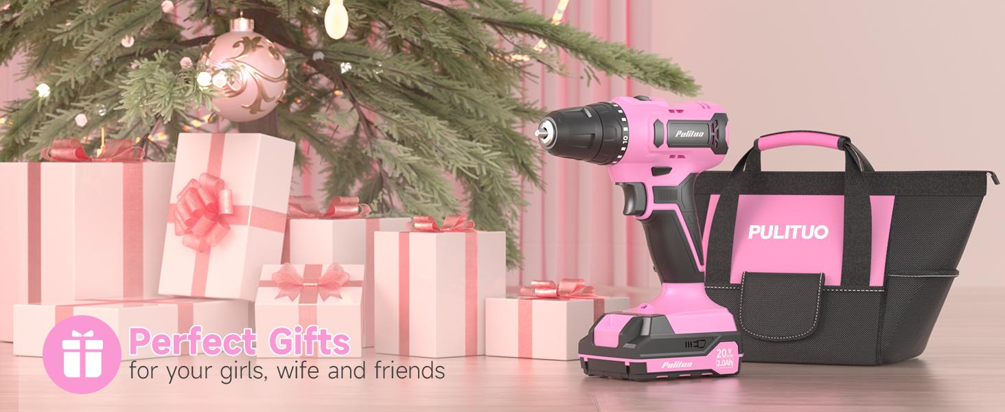 PULITUO 20V Cordless Pink Drill Tool Kit Set 238-Piece Power Drill Tool Box with Battery Electric Drill Driver for Lady's Repairing Kit Toolbox Tools Sets