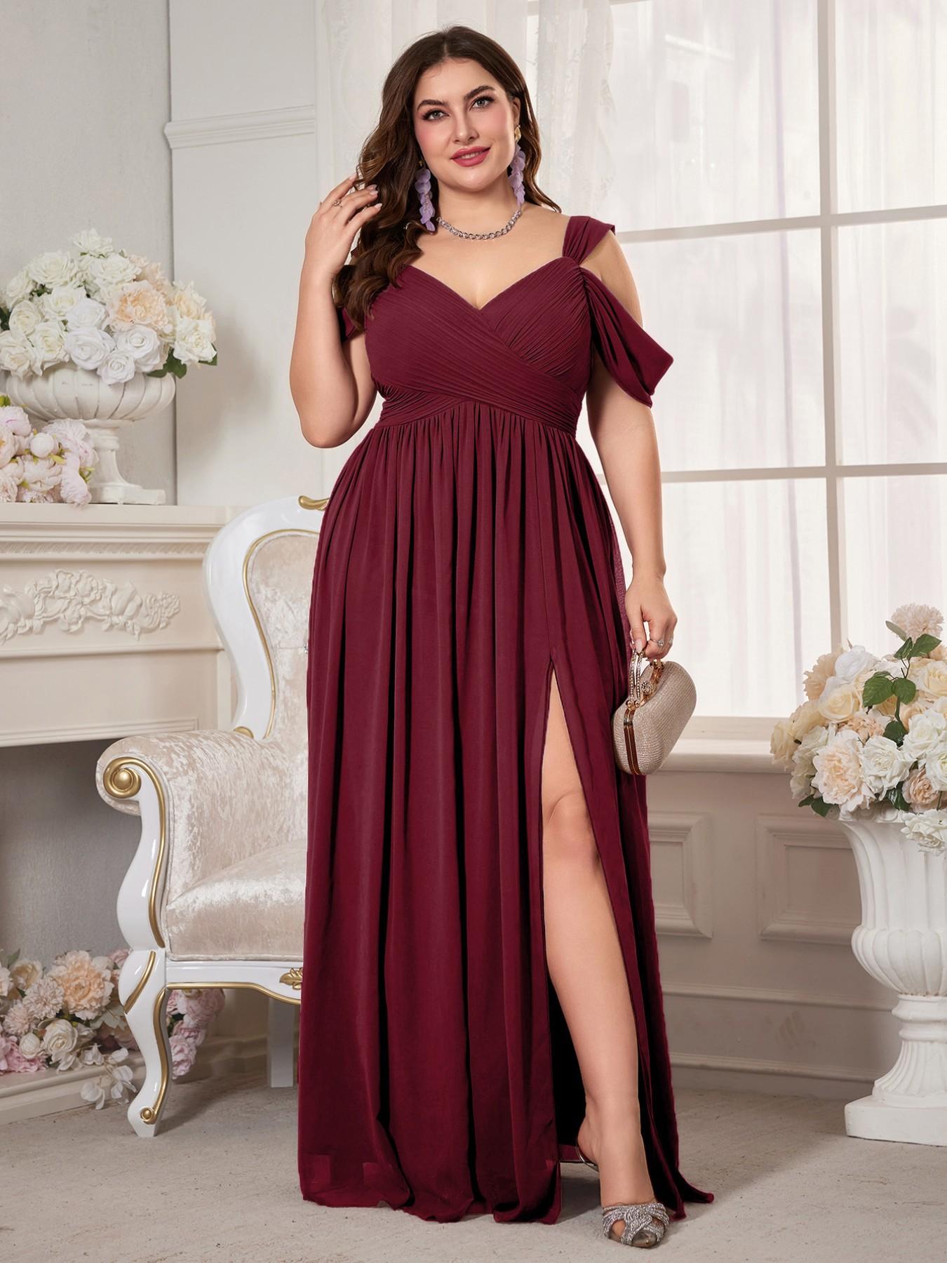 Plus Size Women's V-Neck Backless Waist Cinch Pleated High Split Skirt Maxi Dress, Elegant Chic Lightweight Chiffon Bridesmaid Party Formal Evening Gown, Pleated Dresses