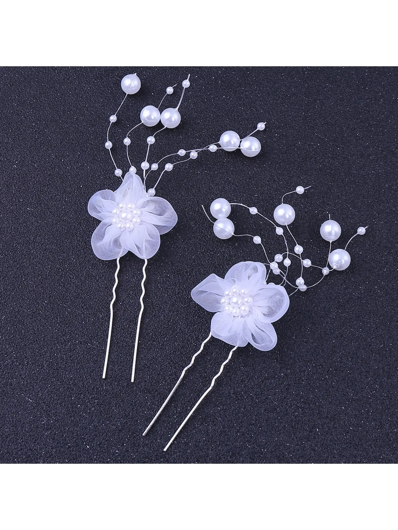 Wedding Bride Handmade Pearl Lace Fabric Flower U-Pin Pearl Flower Hairpin Hair Stick Hair Fork Bridal Hair Accessories