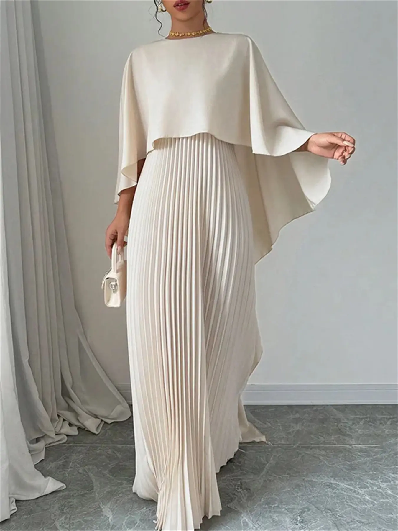 2026 Fall Winter New European Style Loose Batwing Sleeve Pleated Asymmetrical Elegant Dress, Women's Shawl Pleated Skirt Two-Piece Set