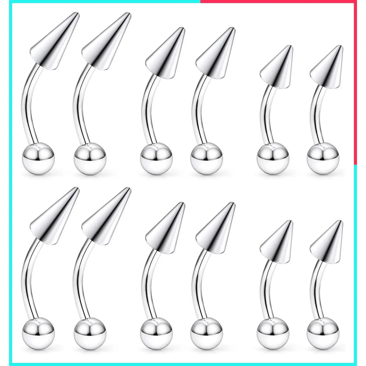 Surgical Steel 16G Vertical Labret Lip & Snake Bites Piercing Jewelry Curved Barbell Long Spike Eyebrow Rings for Women Men 6mm/8mm/10mm