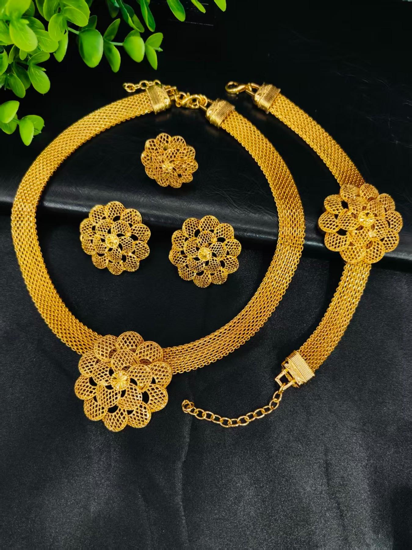 Dubai Jewelry Set, Hollow Floral Design, African Arab Style, Necklace, Bracelet, Ring, Earrings, Women's Daily Accessories, Party Wear, Costume Jewelry Set