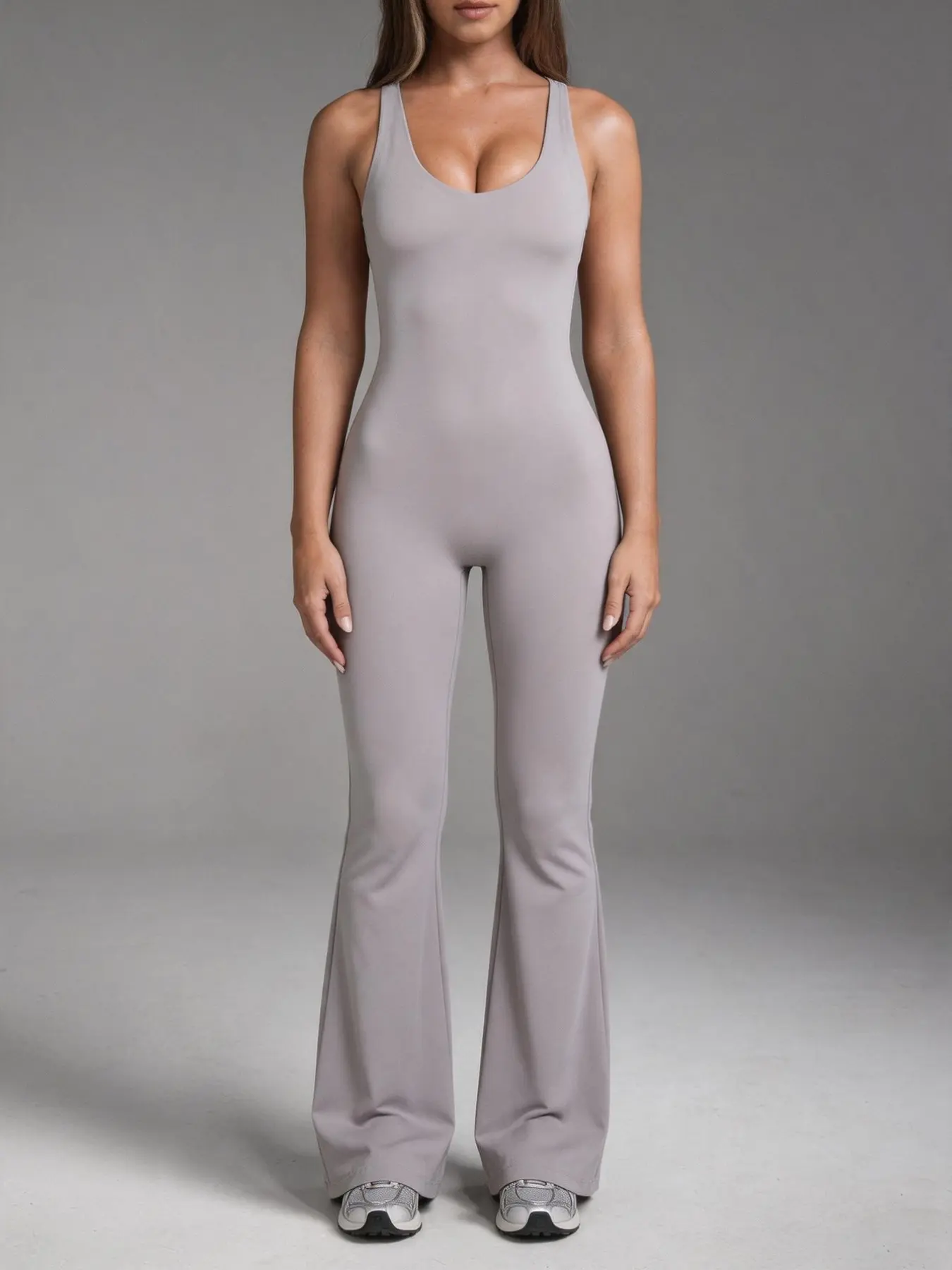 Women's Sport Casual Jumpsuit, Sleeveless Yoga Jumpsuits, Sexy Backless Sleeveless Deep V-Neck Solid Flare Leg Jumpsuit with Chest Pads, for Yoga, Training, Gym and Daily Wear, Sleeveless Sports Jumpsuit, Sporty Yoga Jumpsuit, Yoga Workout Jumpsuit