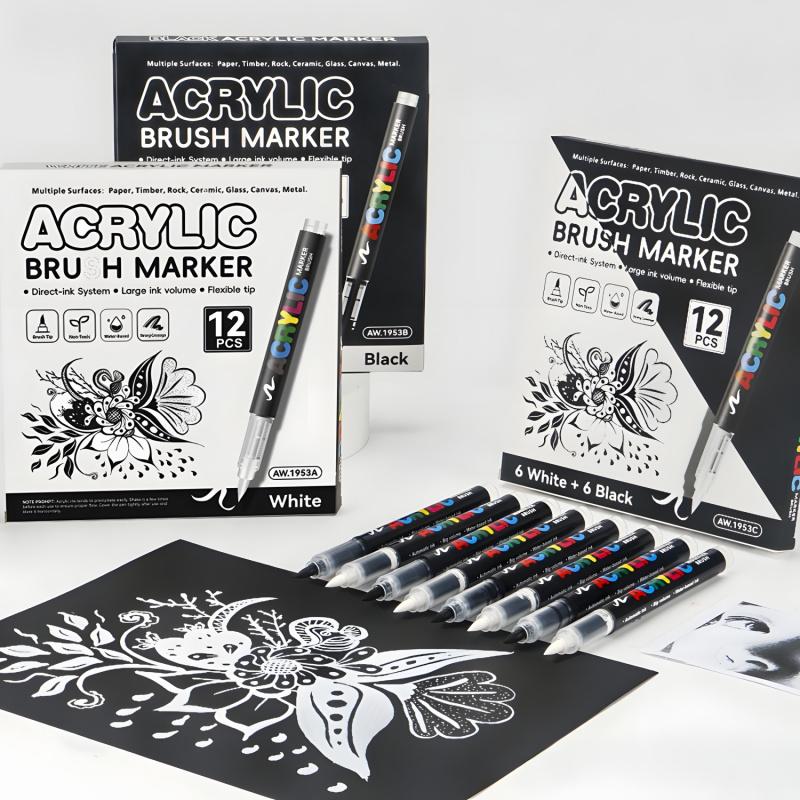 Acrylic Paint Markers, 12Pack Soft Brush Tip Acrylic Paint Pens, Professional Color System,Quick-Drying Waterproof Ink, for Rock Painting Plastic Wood Canvas Glass Ceramic Metal Art Drawing Supplies Art Crafts Supplies Christmas Gift