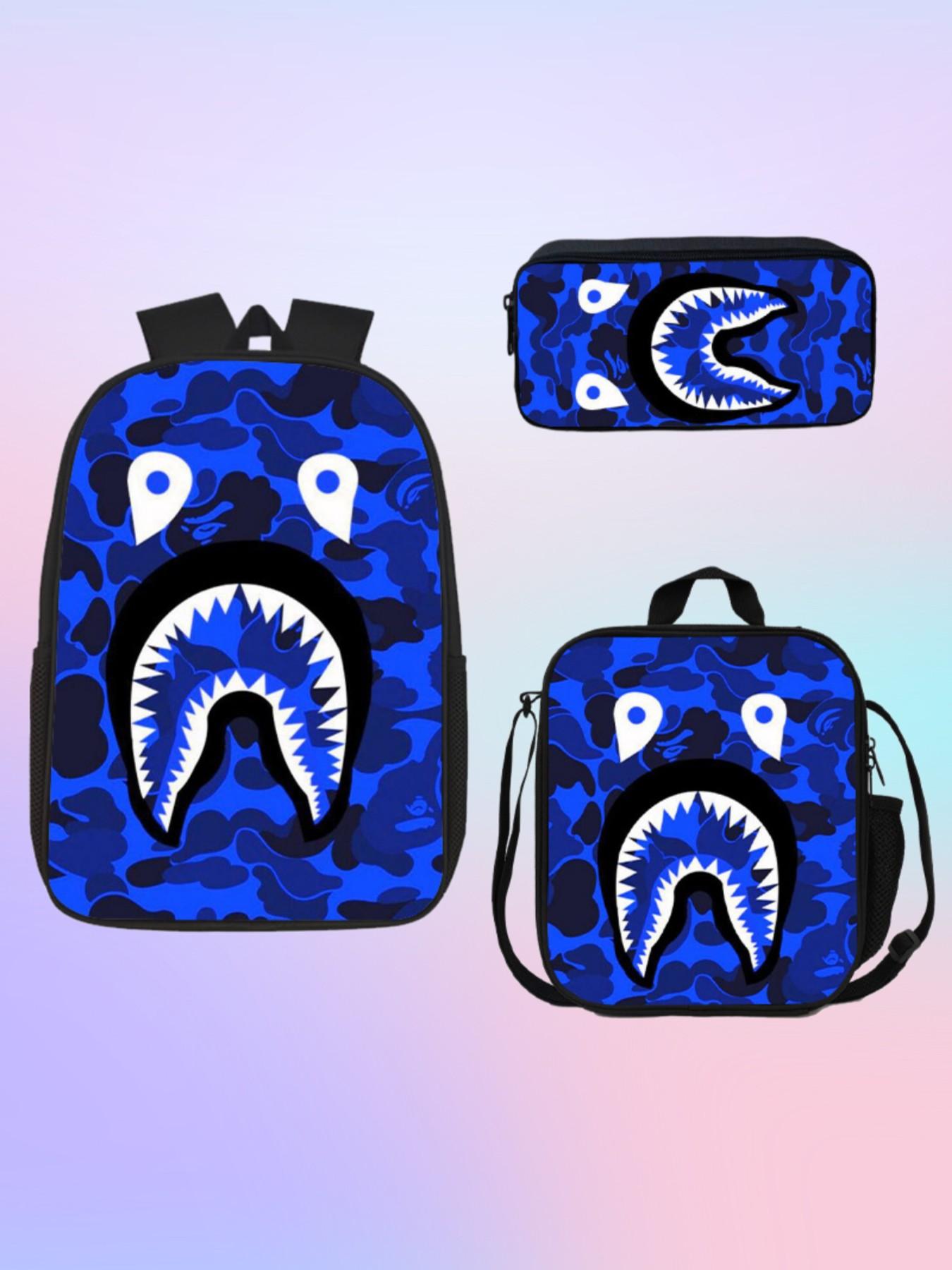 Trendy Camo Shark Print Backpack 3 Piece Set, Includes School Bag, Insulated Lunch Box, Pencil Pouch, Durable Travel Bag for Kids and Teens