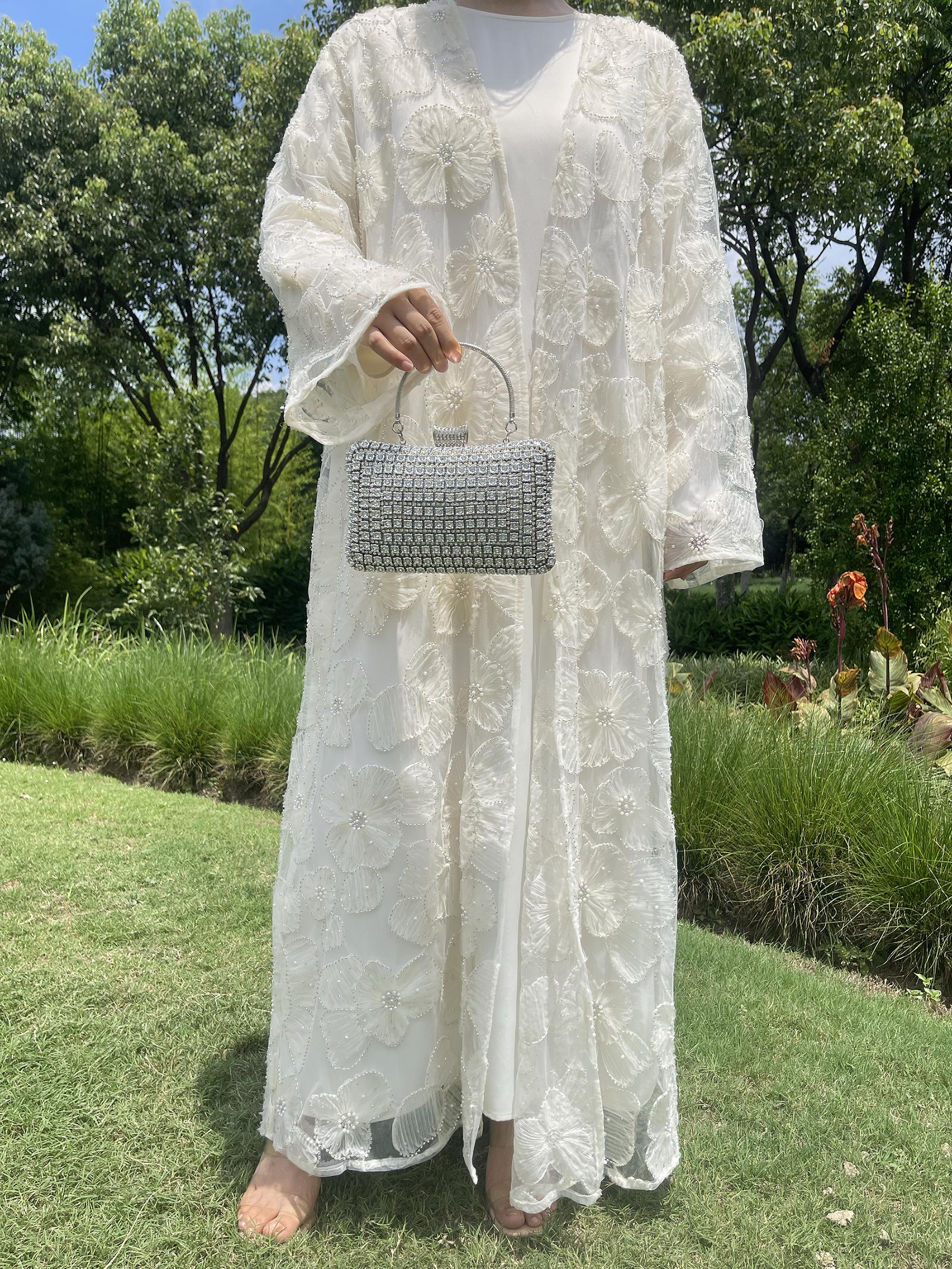 Women's Elegant Mesh Floral Beaded abaya Set, Includes Matching Dress, Perfect for Spring & Fall Fashion, Msl881 Collection