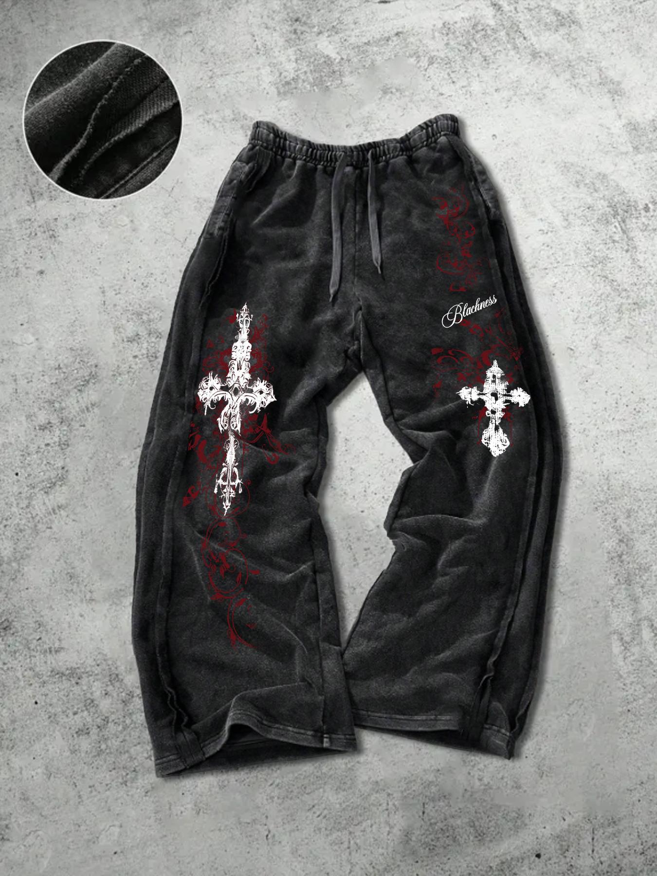 Men's Washed Cotton Sweatpants with Side Hem Stitching Design, Gothic Print Pattern, Comfortable Casual Pants for Daily Wear