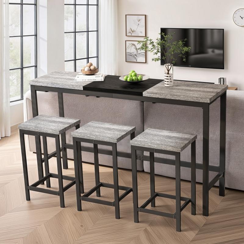 4 Piece Counter Height Dining Table Set with 3 Stools, Extra Long Dining Pub Kitchen Table Set for 3, Bar Side-Table with Footrest with 3 Stools