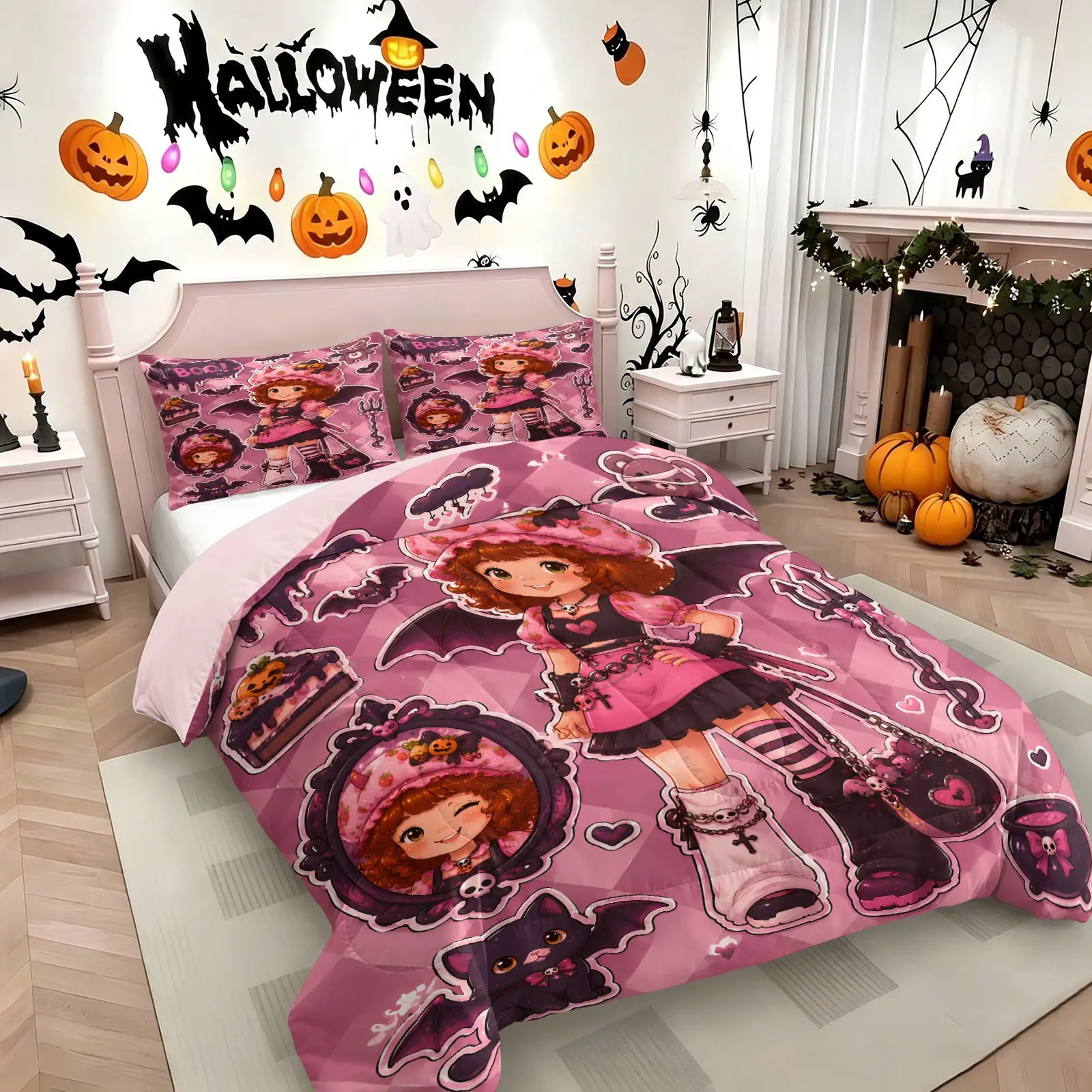 Pink Winged Strawberry‑Girl Comforter Set Queen Size, Kawaii Gothic Bedding Sets 3Pcs for Kids Teens Girls Room Decor, Spooky Sweet Sticker‑Style Quilted Duvet Halloween Microfiber Comforter, 1-2 Matching Pillowcases