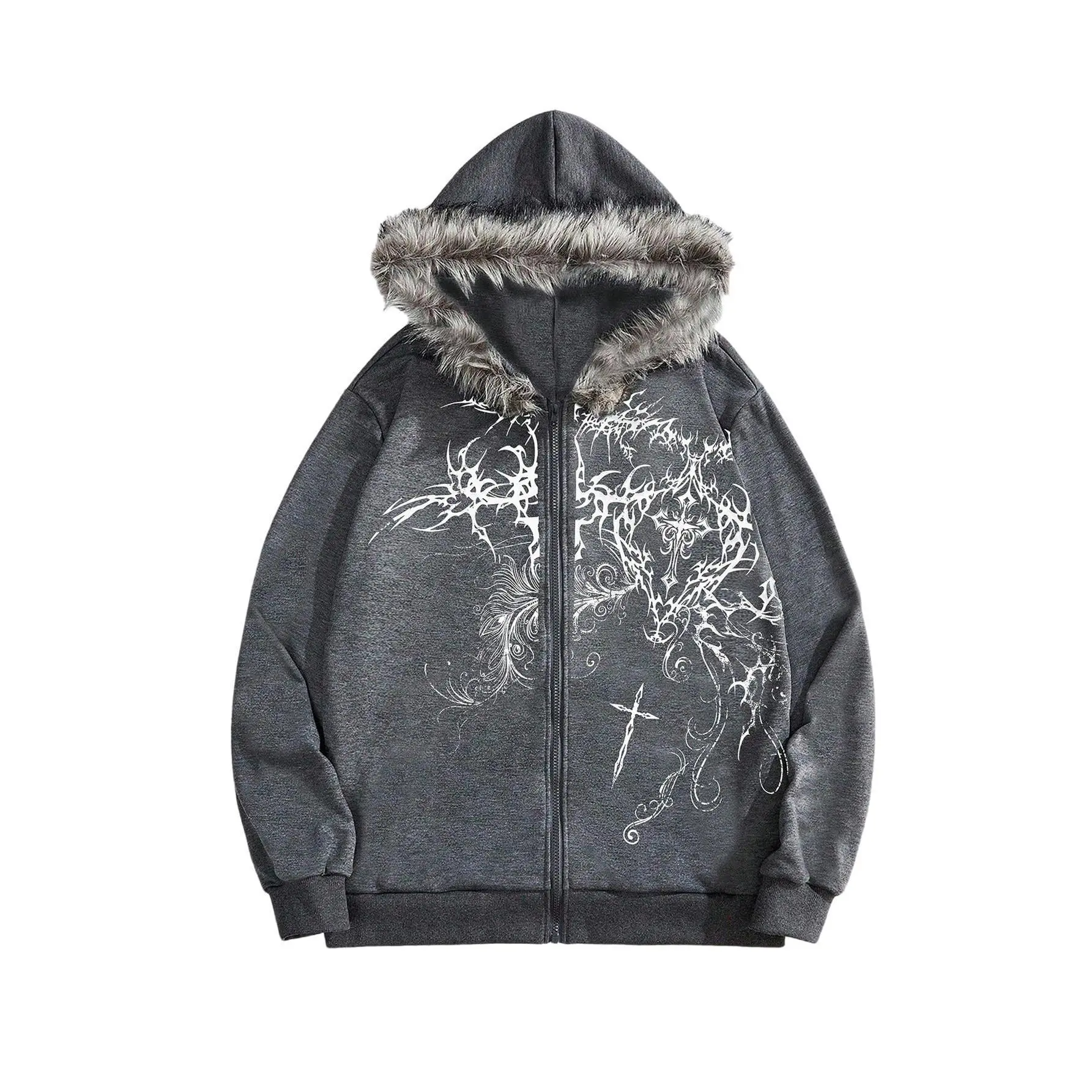 Men's Y2k Grunge Zip Up Hoodie Sweatshirts Gothic Fur Hooded Jacket Streetwear