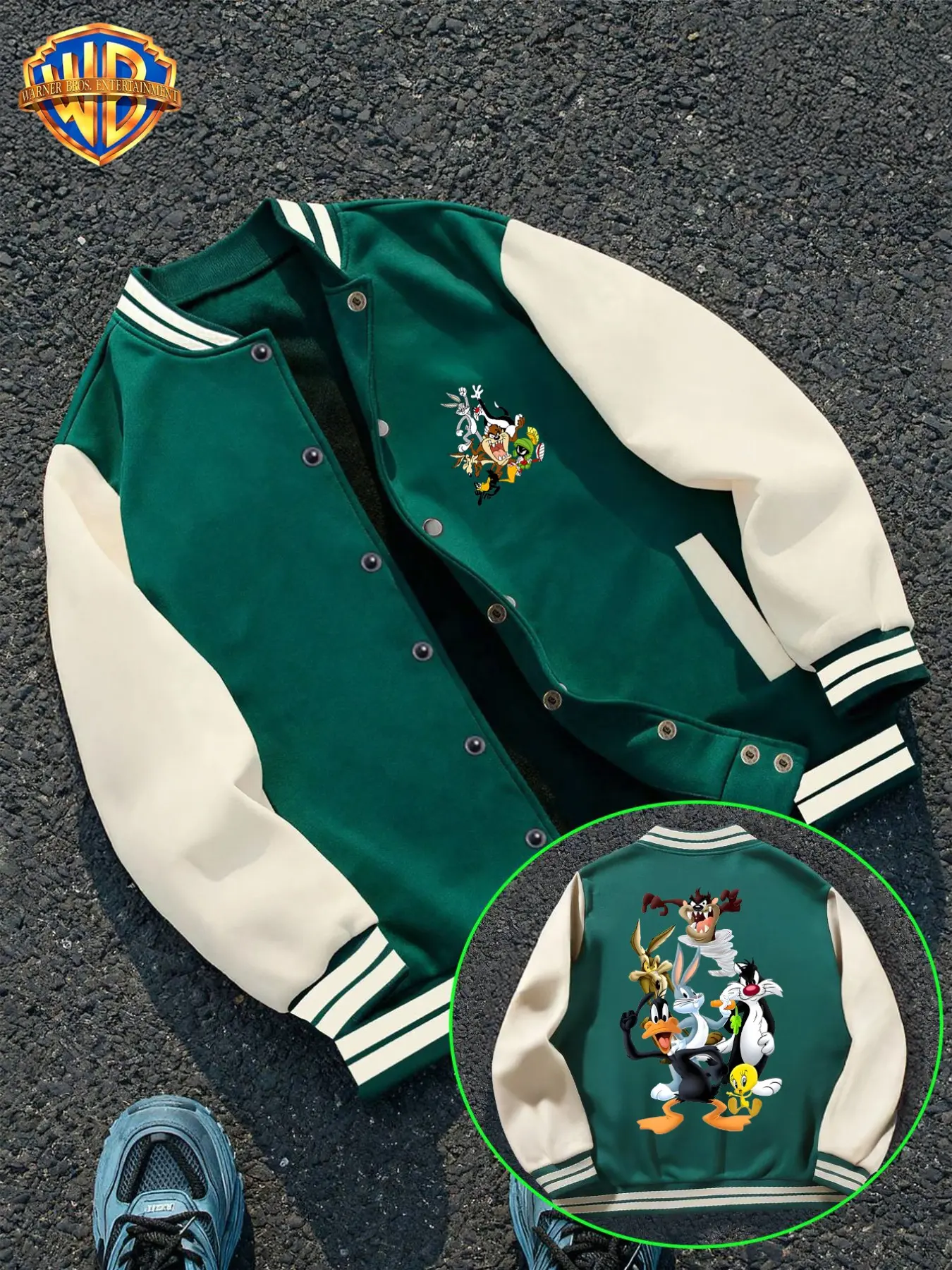 Warner Brothers Men's Baseball Jacket, Fashion Jacket, Looney Tunes Full Back Print, Colorblock Shoulder Pockets, Loose-Fit Casual Style, Fall/winter Outerwear