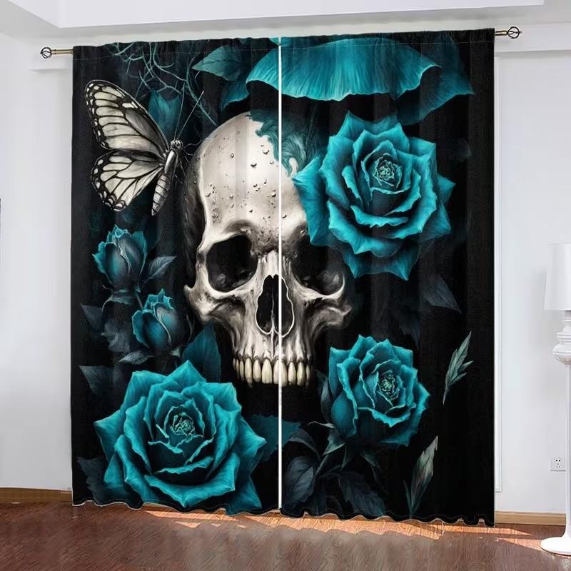 2 pieces of Gothic skull and greenish-blue rose printed curtains, made of polyester with semi-transparent texture, machine washable, suitable for bedrooms, living rooms and home decoration curtains.