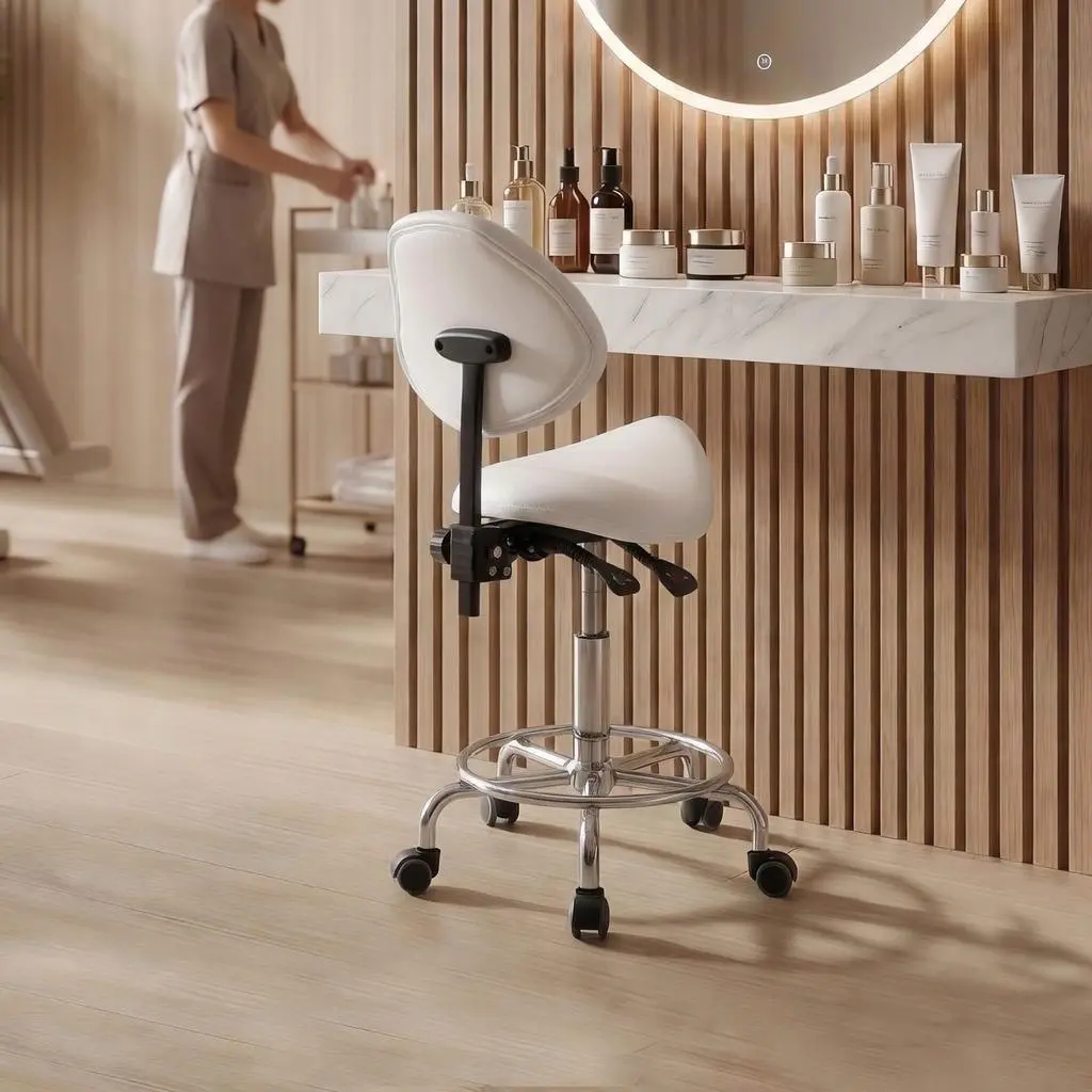 White Ergonomic Saddle Stool with Backrest, Hydraulic Height Adjustment, Swivel Wheels, and Footrest for Medical, Dental, and Clinic Use