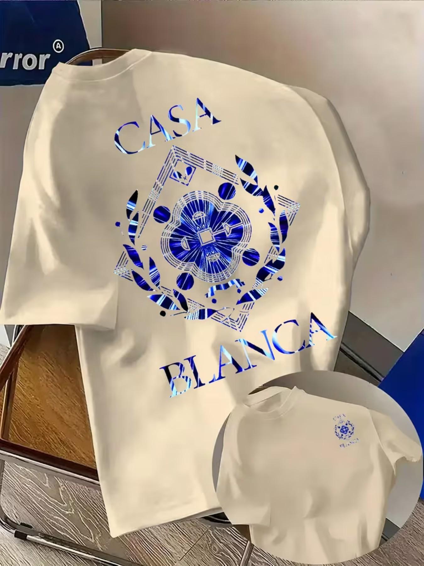 Men's Casual Geometric Print T-Shirt, Casablanca Pattern, Round Neck Short Sleeve, Street Fashion, Soft Polyester Fabric