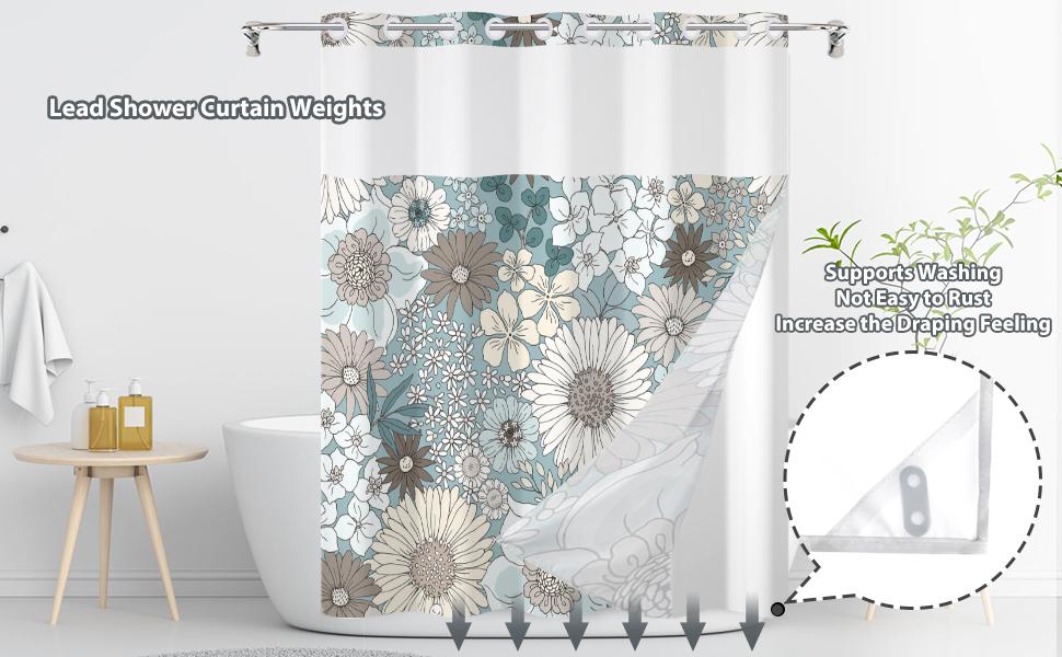 Hookless Modern Floral Shower Curtain, Blue Boho Flower-Layered Design with Snap-In Mesh Liner and Weights, 71x74in Floral Shower Curtains for Bathroom, Hookless Shower Curtain