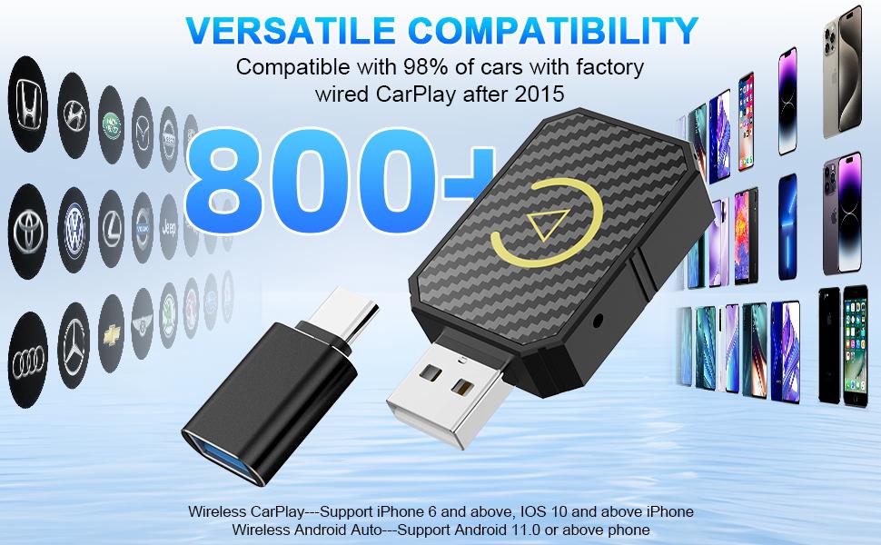 Mini Wireless CarPlay & Android Auto Adapter - Stable Fast Connection for iPhone/Android - Convert Factory Wired to Wireless for Cars 2016+