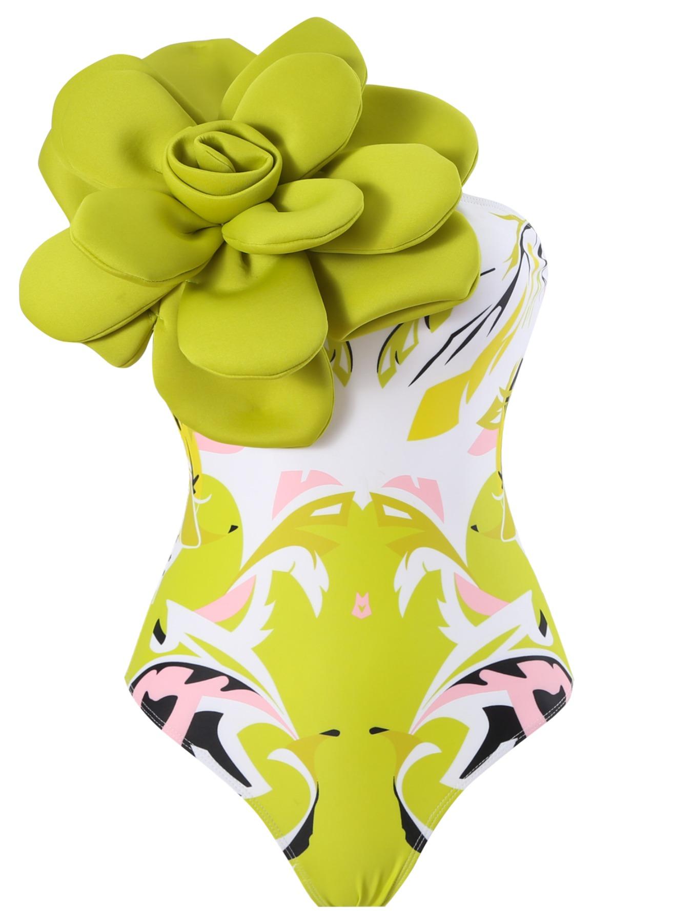 Two Counts Women's Tropical Print Flower Decor One-piece Swimsuit & Cover Up Skirt Set for Spring, Summer Clothes Women One Shoulder Beach Swimsuit & Knot Wrap Skirt Set, Tummy Control Swimswear, Girly Clothes