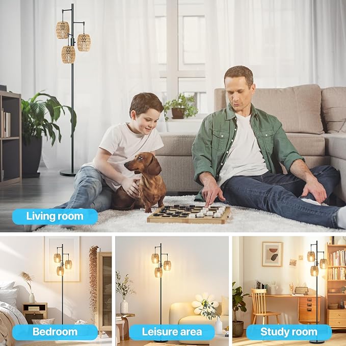 GLITGATE Rustic Standing Lamp with Foot Switch, Dimmable Boho Floor Lamp, 70 Inch Tall Floor Lamp with 3 Rattan Shades, Bohemian Floor Lamps Gracefully Standing for living room, bedroom, dining room, and office