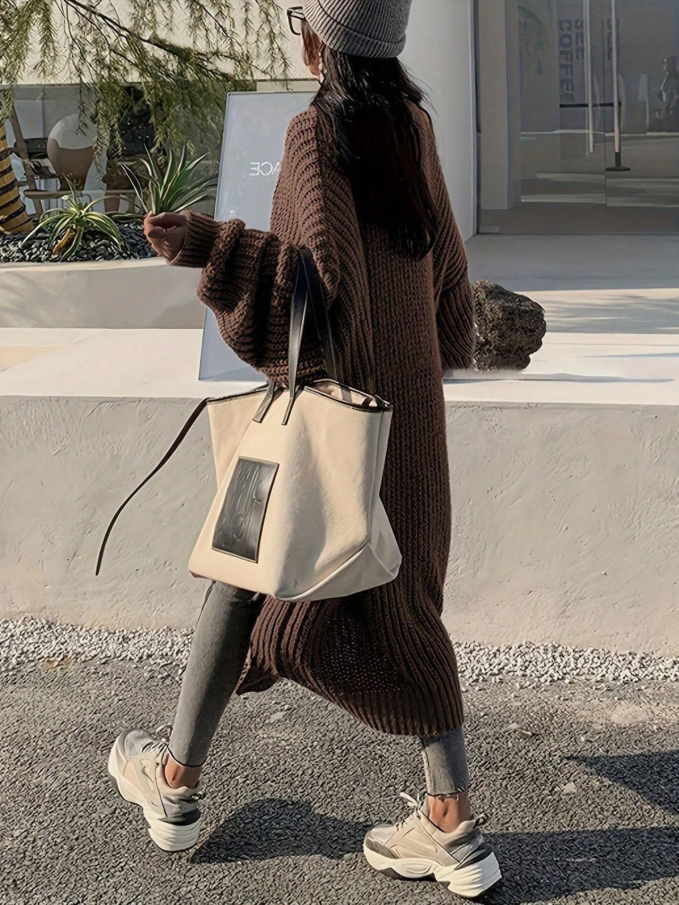 Women's Fashionable Elegant Casual Commuter Knit Long Cardigan, Long Sleeves, Stylish Versatile Outerwear for Fall and Winter, Comfortable and Warm Sweater Coat