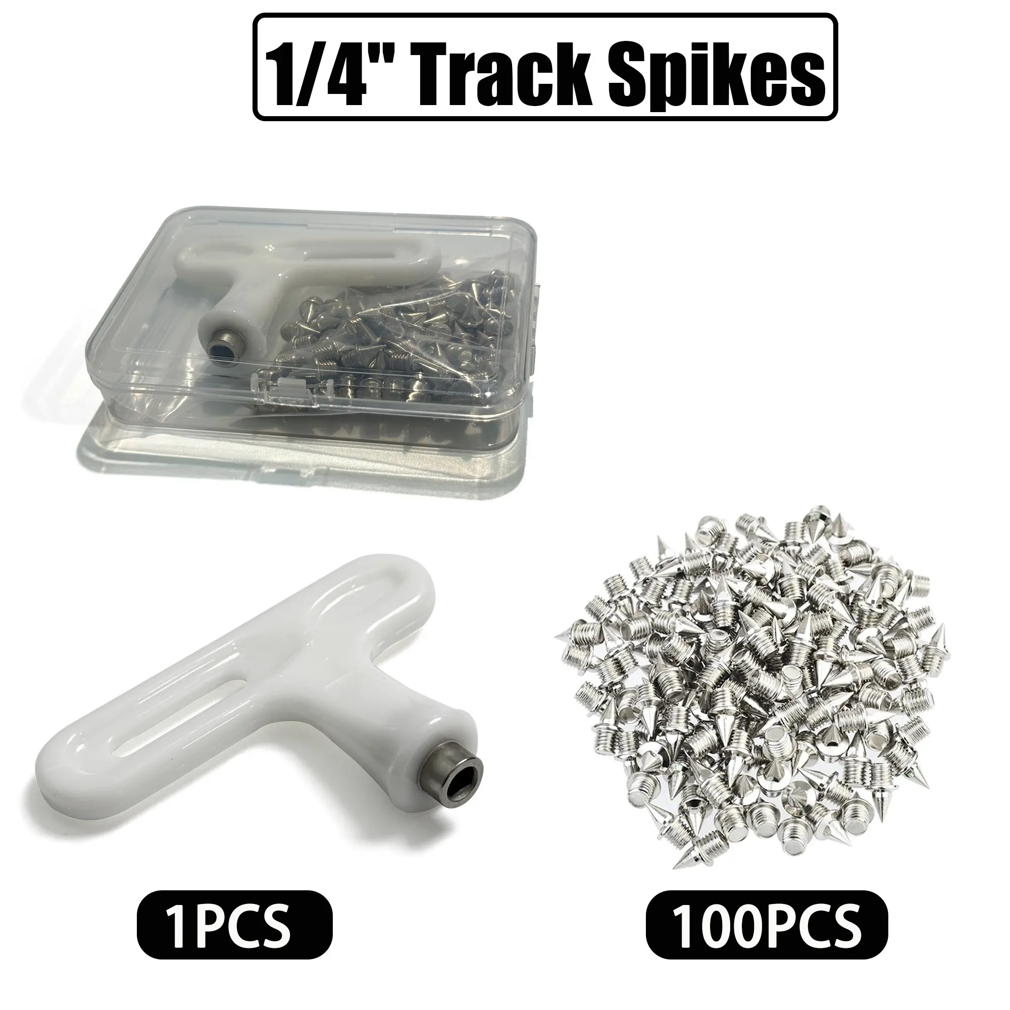 100pcs 1/4 Inch Pyramid Steel Track Spikes, Wear Resistant Strong Grip, Replacement Spikes for Track Shoes with Wrench, Universal for Sports