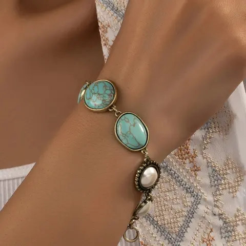 Women's Boho Style Faux Pearl & Turquoise Texture Decor Link Bracelet, All-match Vintage Jewelry As Birthday Gift for Women & Girls, Stackable Bracelets, Bohemian Jewelry