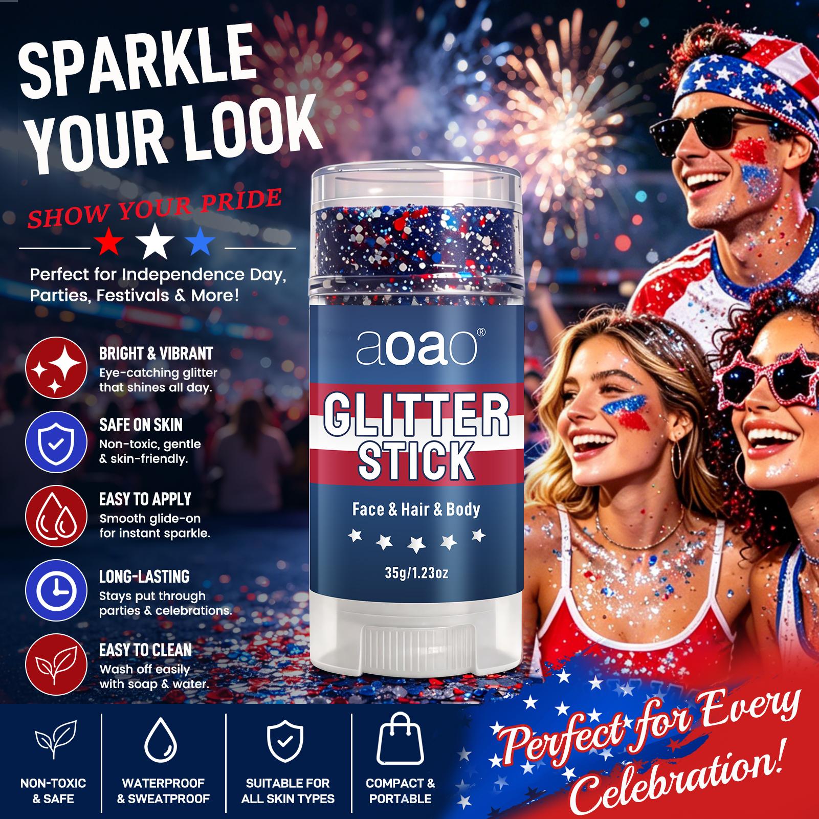 July 4th Glitter Stick, Blue Body and Hair Glitter, Perfect for Independence Day Party, Holiday Makeup, Football World Cup USA Makeup，World Cup Usa Team Glitter Stick
