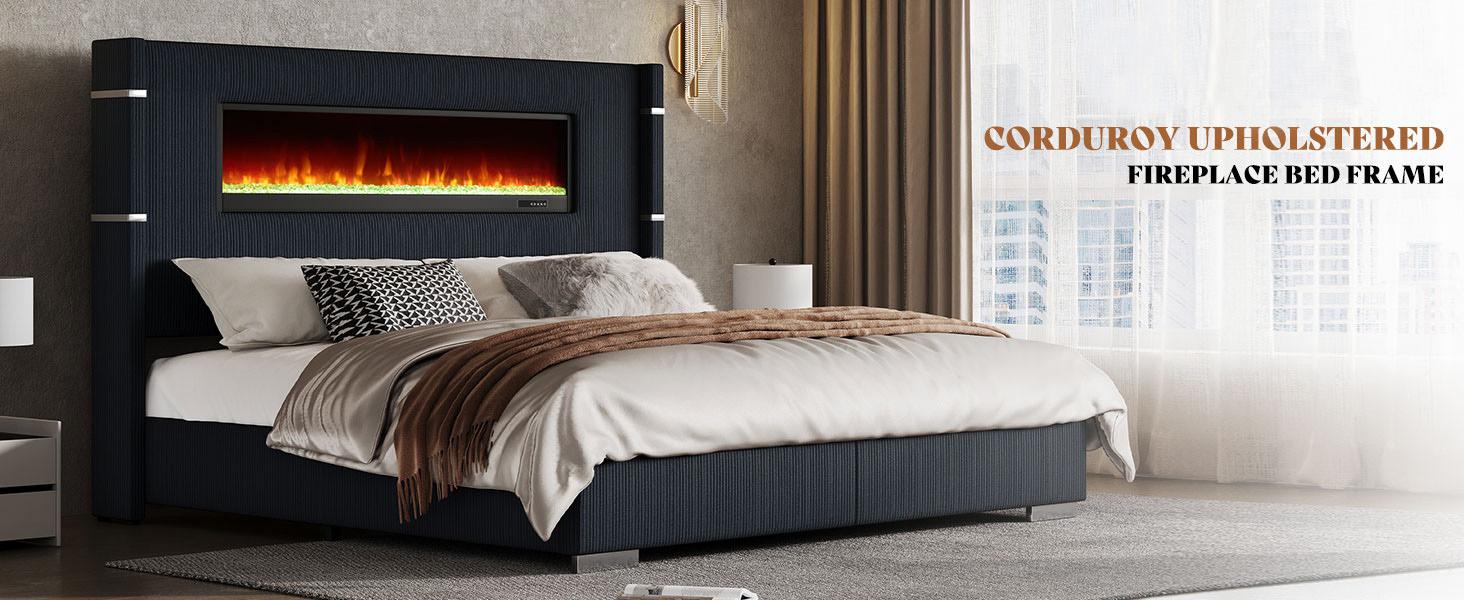 [Ships in 2 Boxes] VanAcc Modern Bed Frame with Electric Fireplace, Wingback Platform Bed Frame with 60.4“ Extra Tall Headboard, Corduroy Upholstered Bed Frame, Wooden Slats, No Box Spring Needed, Adjustable Color, Remote Control